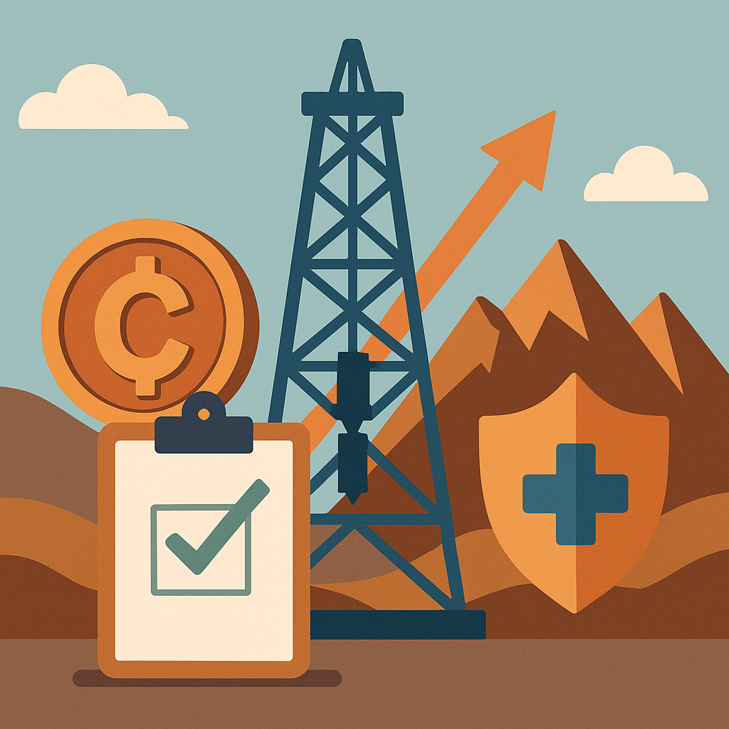 A symbolic digital illustration showing copper mining equipment and geological terrain under a bright sky, representing copper exploration projects.