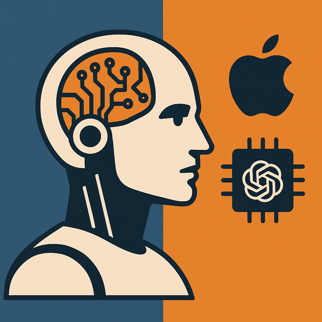 digital illustration featuring a humanoid robot interacting with sleek futuristic hardware in a creative tech lab setting.