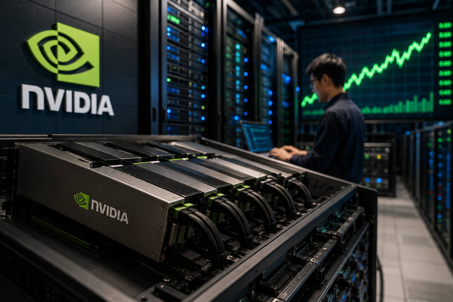 Photorealistic image of Nvidia-branded AI GPUs inside a data center, with server racks, a technician, and a glowing market chart in the background.