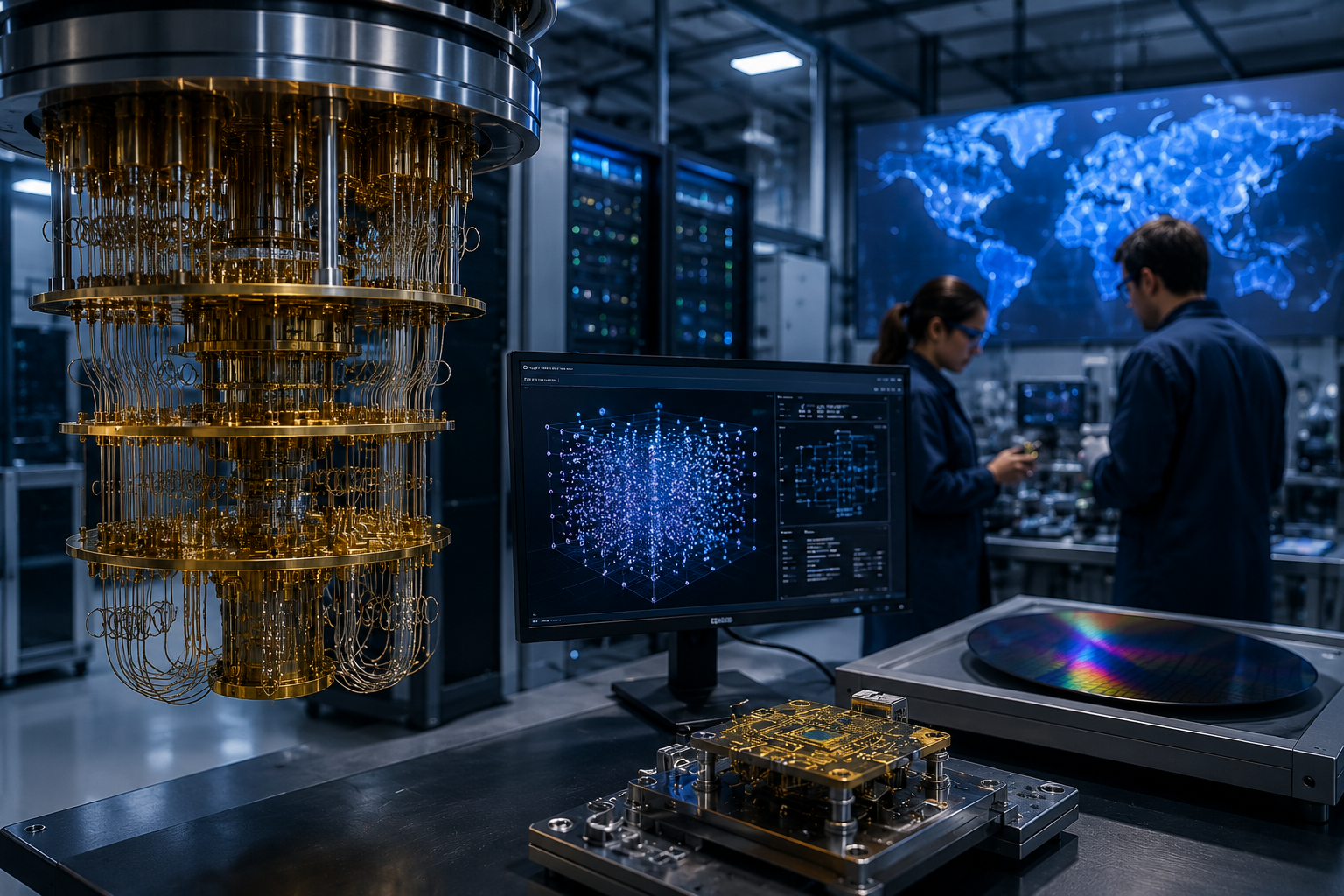 A photorealistic quantum computing laboratory with a gold cryogenic quantum processor, engineers, servers, wafer equipment, and glowing digital data displays.