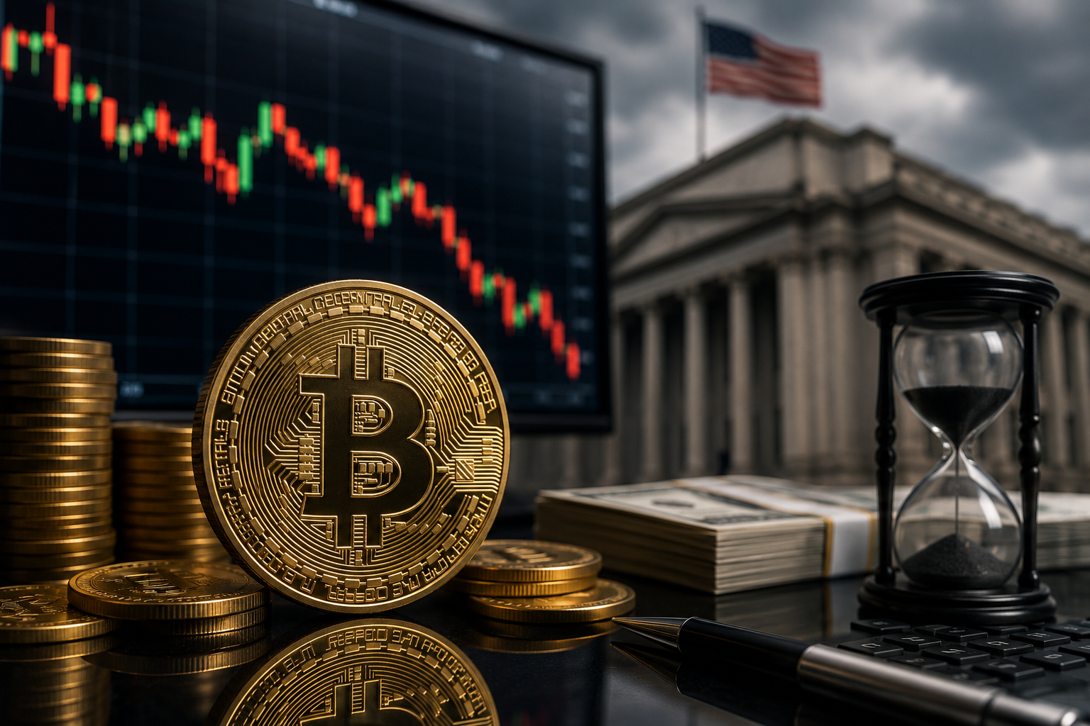 A gold Bitcoin coin sits beside stacks of coins, cash, an hourglass, and a falling market chart, with a U.S. financial building and flag in the background.