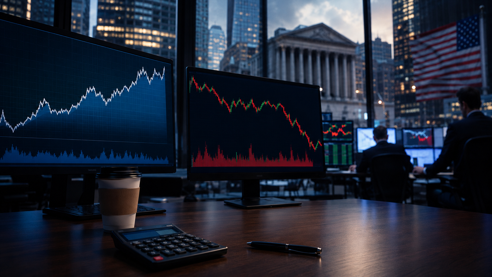 Trading desks display rising bond yields and falling market charts inside a Wall Street office, with U.S. financial buildings and an American flag visible through the window.