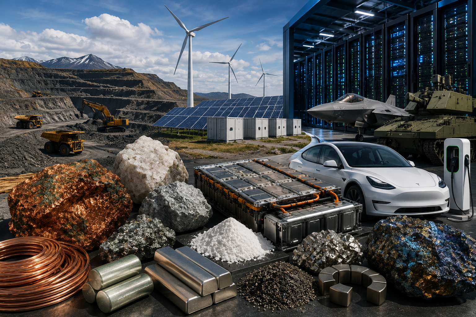 A photorealistic scene showing an open-pit mine, copper, lithium, rare earth materials, EV batteries, renewable energy infrastructure, data-center servers, and defense equipment.