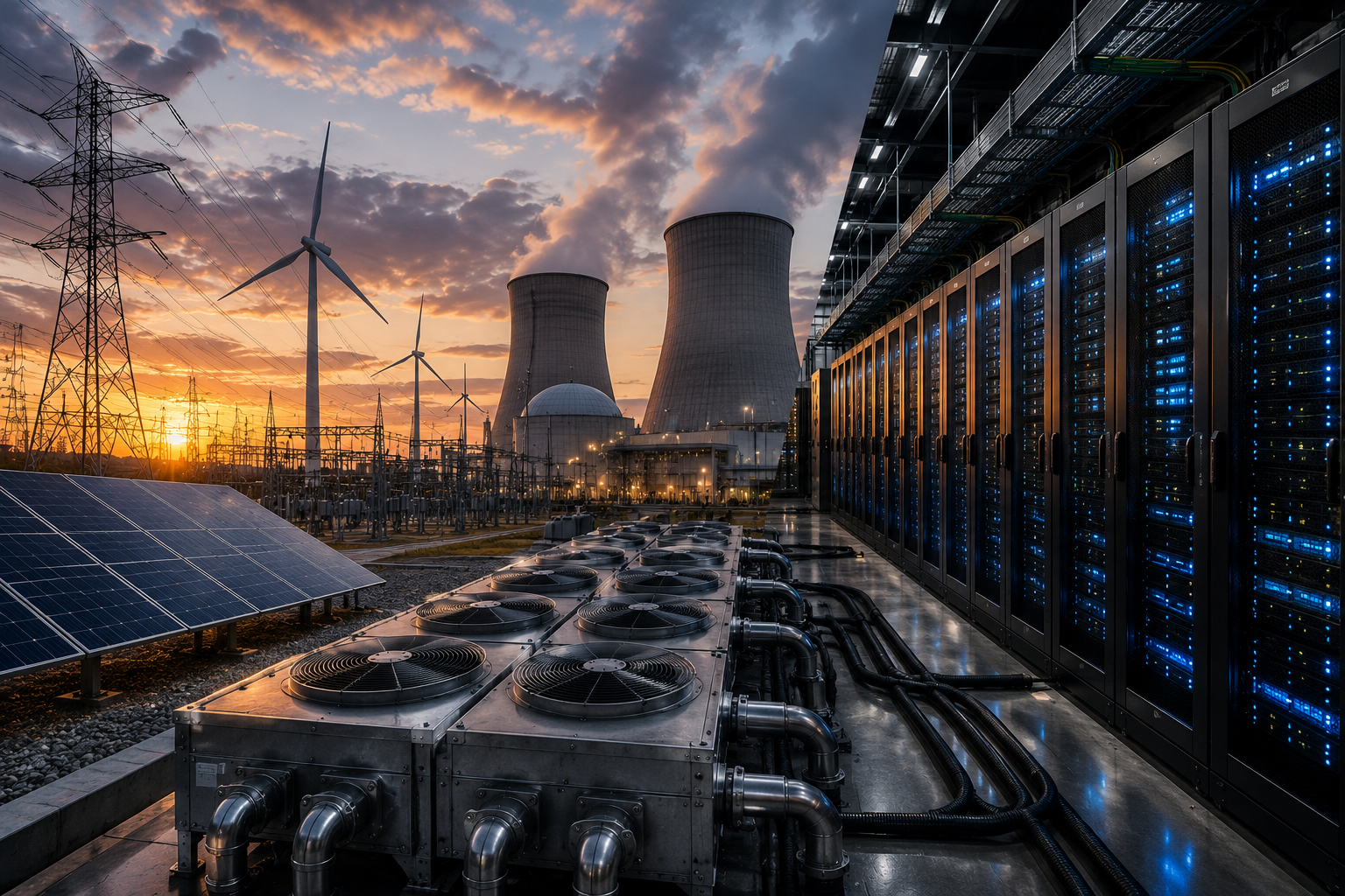 A photorealistic scene showing AI data-center server racks beside cooling systems, power lines, solar panels, wind turbines, and nuclear power infrastructure at sunset.
