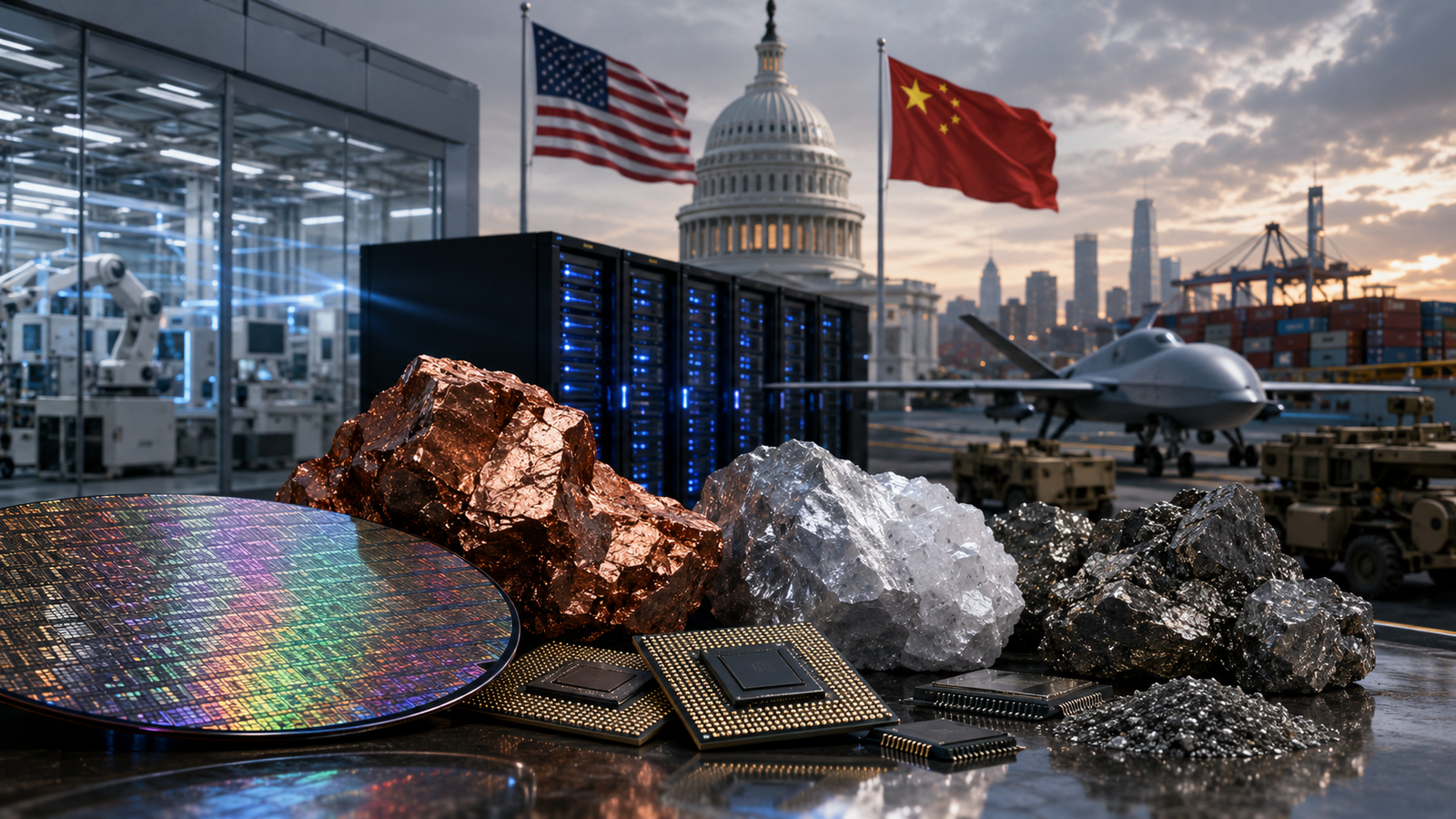 Semiconductors, critical mineral rocks, data-center servers, defense equipment, and U.S. and Chinese flags appear in front of a government building and industrial infrastructure.