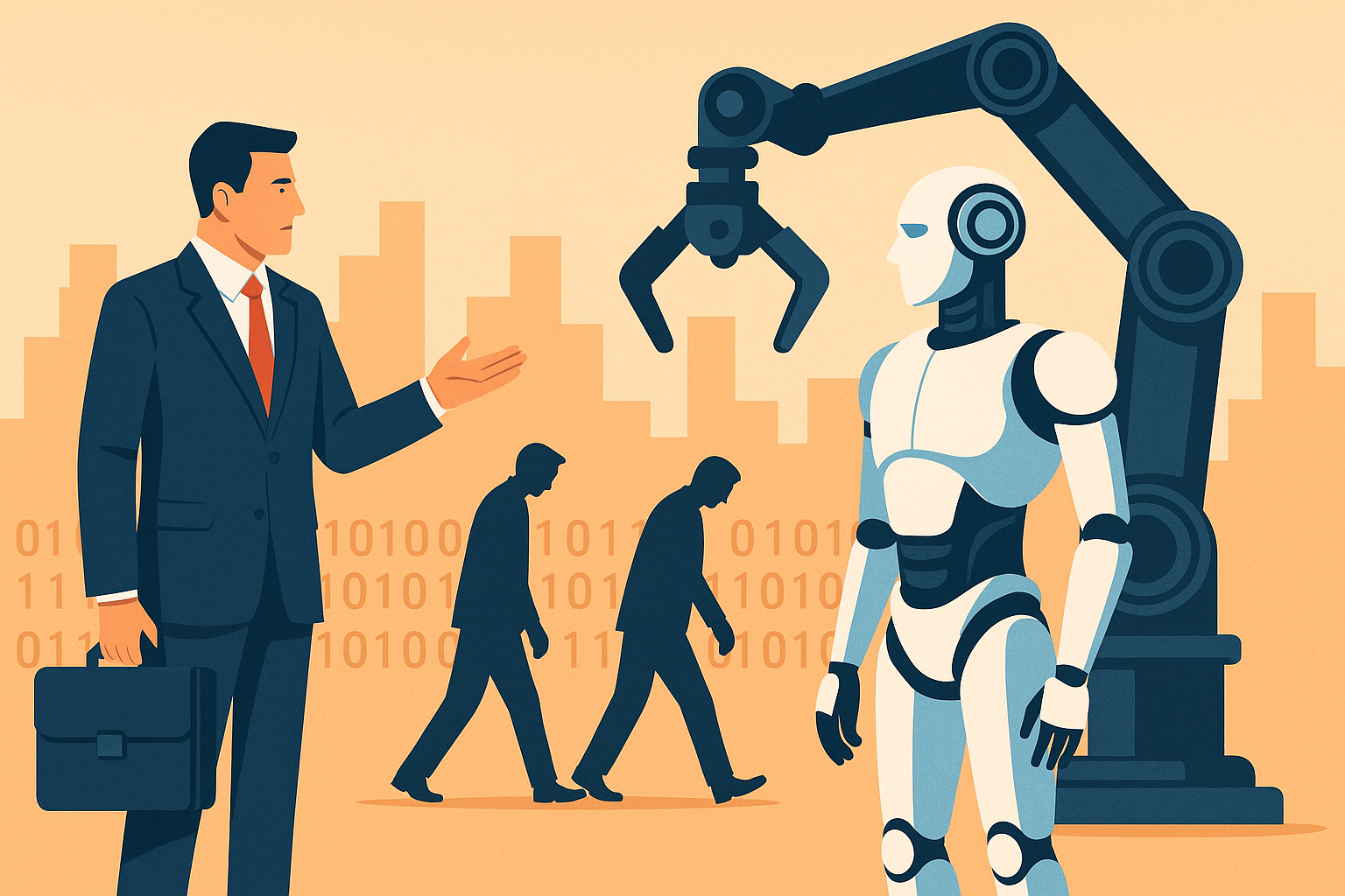A businessman gestures toward a humanoid robot as shadowed figures walk away, symbolizing job displacement due to AI automation.