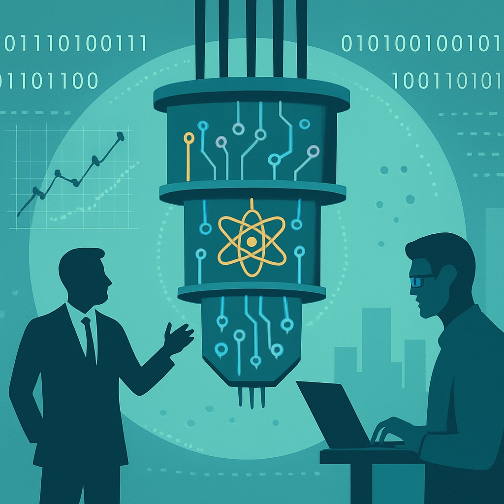 A digital illustration of a quantum computer suspended in mid-air, with a business professional gesturing toward it and a researcher working on a laptop, surrounded by binary code and data graphics.
