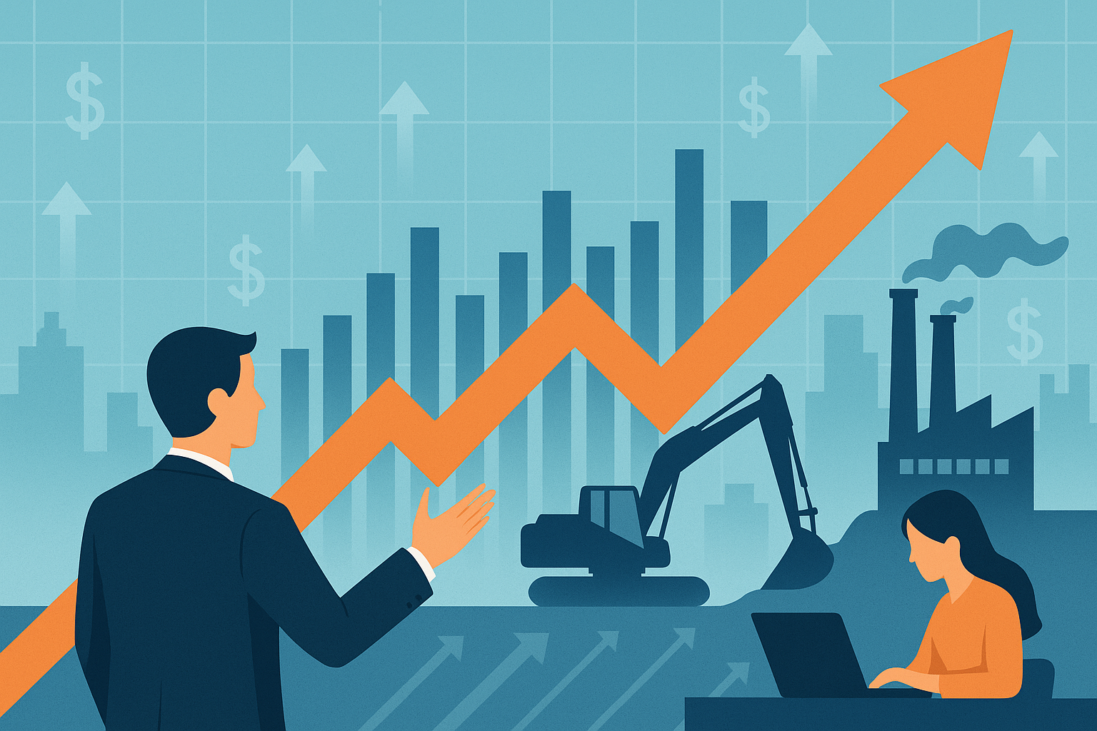 Illustration of a businessman pointing at a rising arrow with industrial elements like a factory, excavator, and a woman using a laptop, symbolizing economic growth.