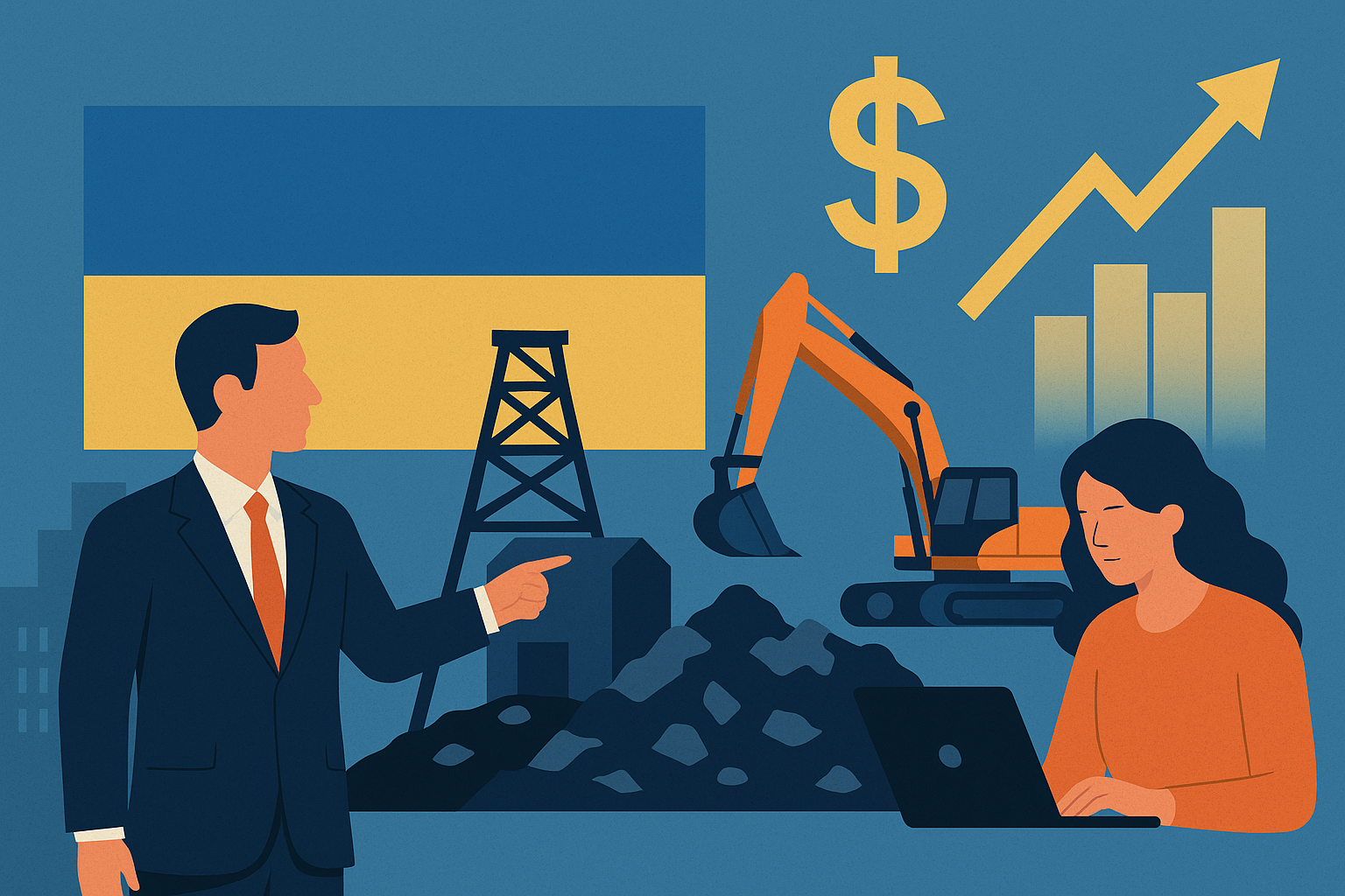 A symbolic flat-style illustration showing industrial infrastructure, mining equipment, and international cooperation elements representing Ukraine’s mining sector modernization.