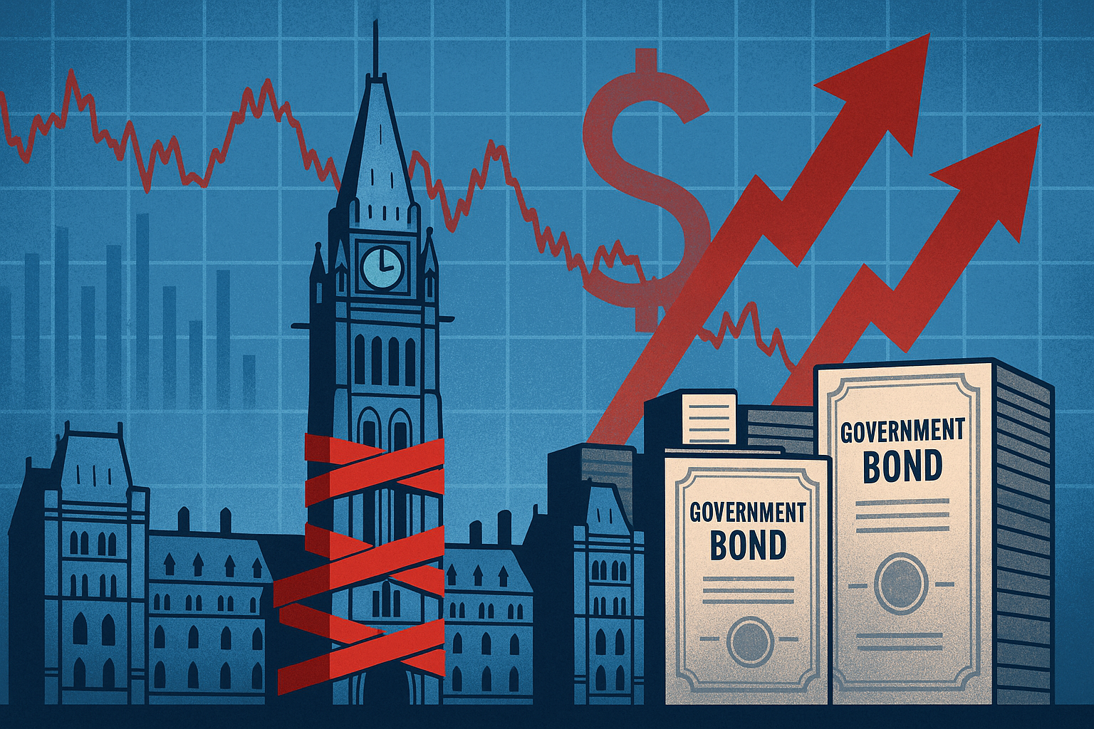 Illustration of Canada’s Parliament wrapped in red tape, surrounded by stacks of government bonds, red upward arrows, and a fluctuating market chart in the background.