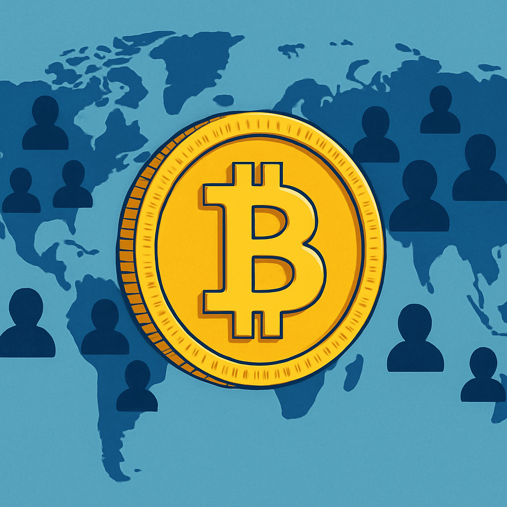 Illustration of a large gold Bitcoin symbol over a world map with human silhouettes across continents