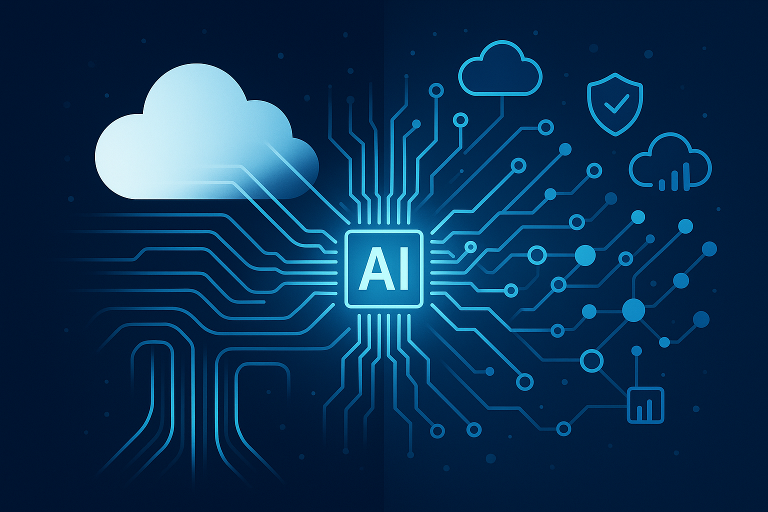 A glowing cloud connected to a central AI processor, with branching digital circuits linking to symbols of data, analytics, and security.
