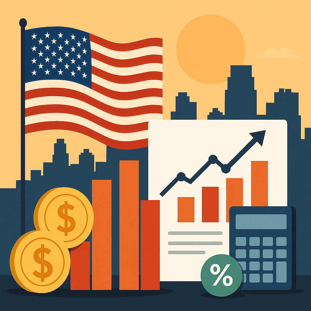 Illustration of U.S. financial growth with American flag, city skyline, bar and line charts, gold coins, and a calculator symbolizing market analysis.