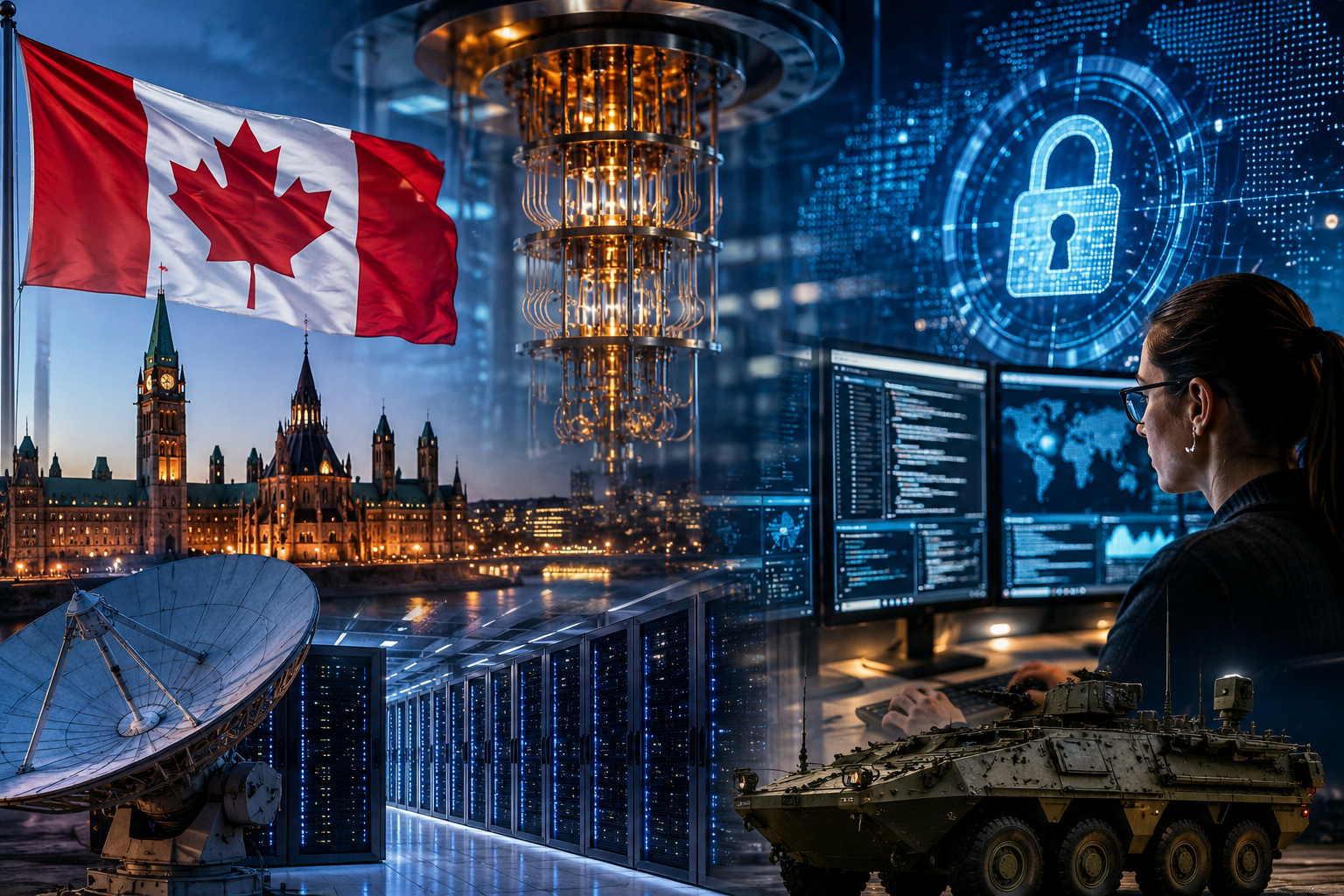Photorealistic composite image showing a Canadian flag, Parliament buildings, quantum computing hardware, data servers, cybersecurity screens, satellite infrastructure and a military vehicle.