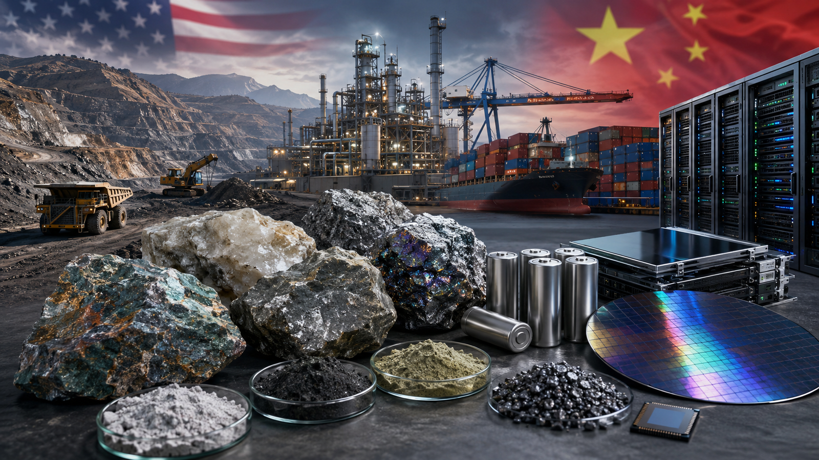 Photorealistic image showing raw mineral samples, battery cells, a semiconductor wafer, data servers, a mine, a refinery and cargo port under symbolic U.S. and Chinese flags.