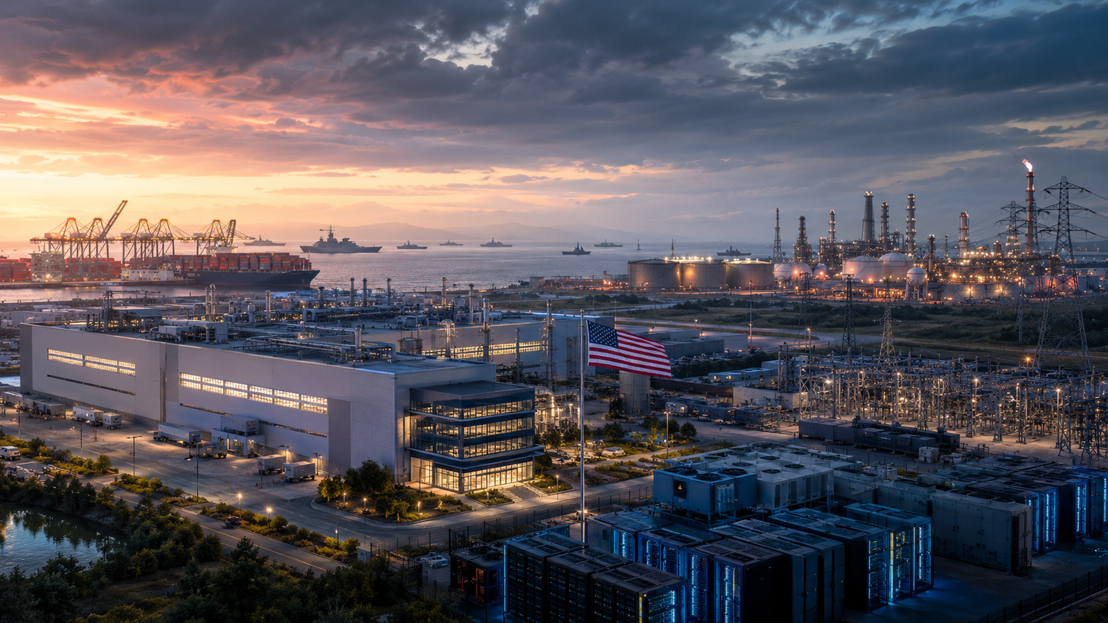 Photorealistic aerial view of a U.S. industrial and technology complex with data centers, energy infrastructure, shipping ports, power grids, military vessels and an American flag under a stormy sky.