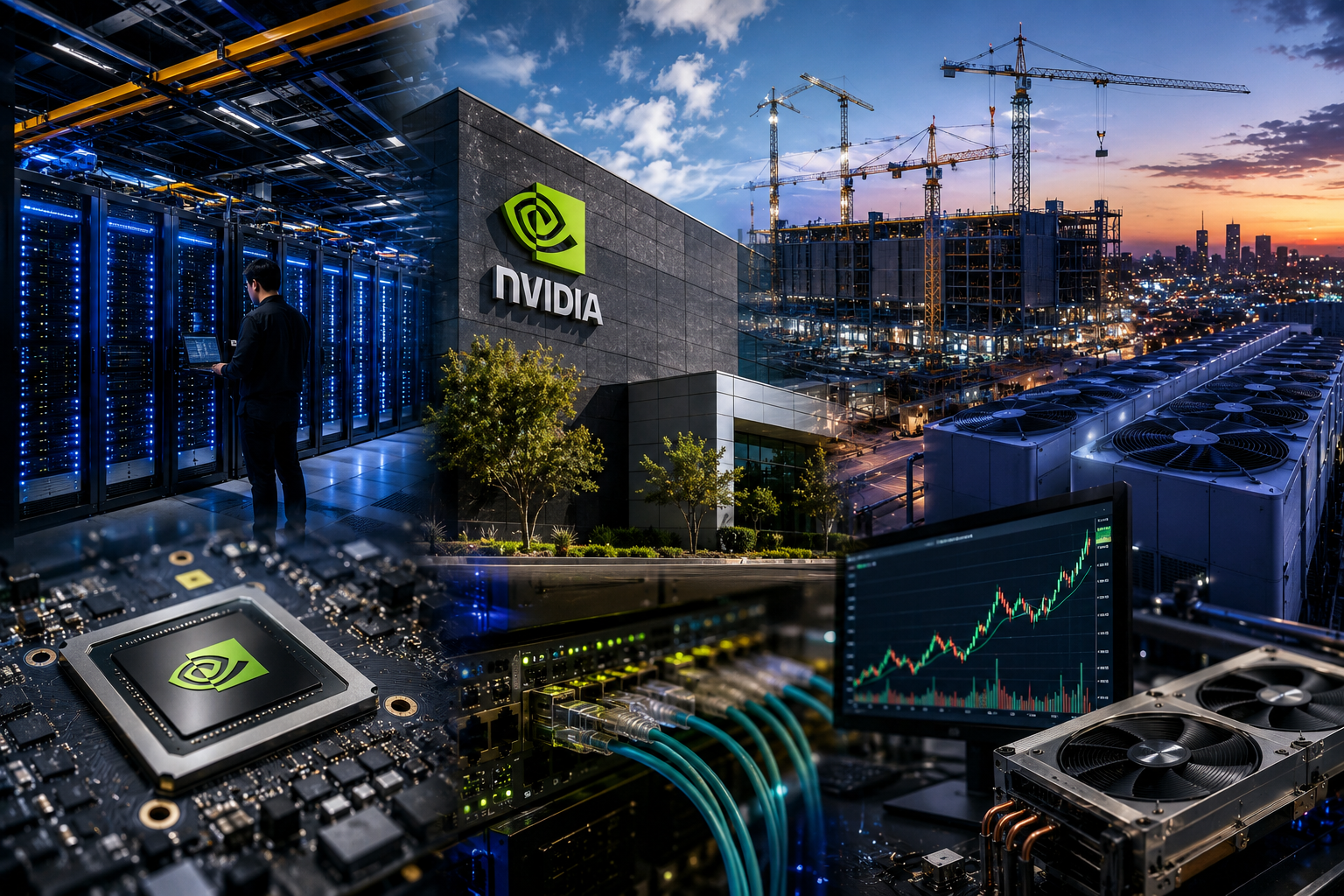 Photorealistic composite image showing AI data centers, semiconductor chips, networking equipment, cooling systems, construction cranes, a market chart and an Nvidia-linked technology building.