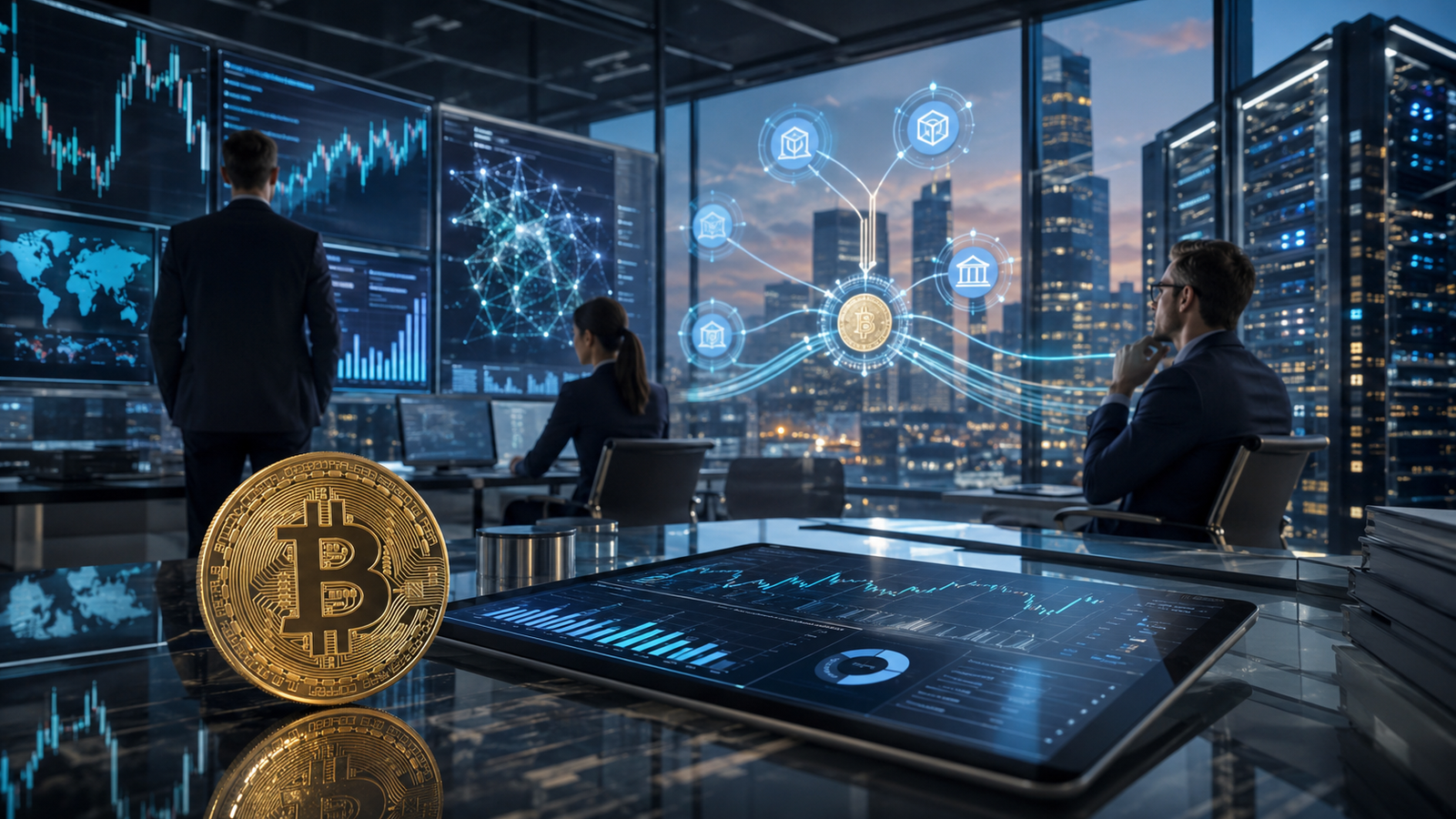 Photorealistic image of financial professionals monitoring crypto market charts in a modern investment office, with a gold Bitcoin coin, digital asset network graphics and data-center infrastructure in the background.