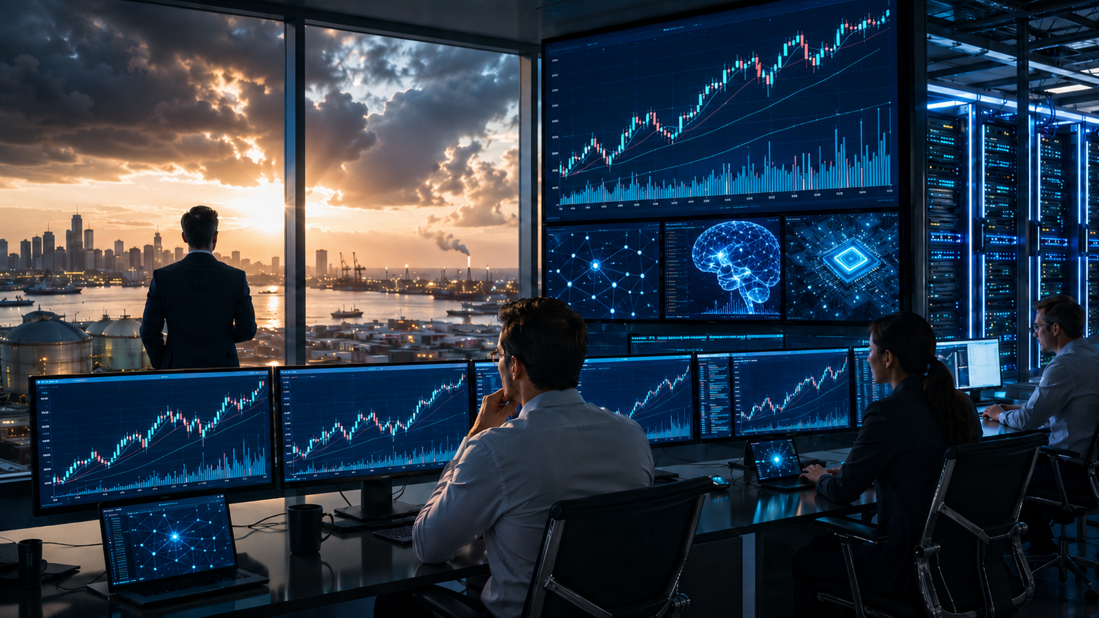 Photorealistic image of market professionals monitoring rising stock charts, AI graphics, semiconductor visuals and data-center servers while looking out over a city skyline under stormy skies.