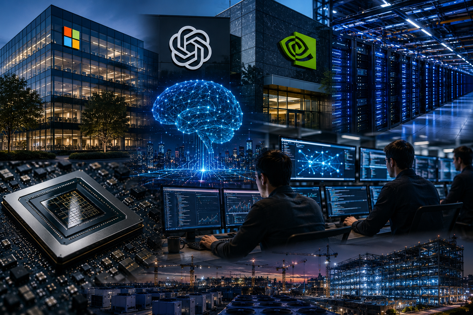 Photorealistic image showing advanced AI data centers, semiconductor chips, engineers at control-room monitors, major technology company buildings and a glowing digital brain above a city skyline.