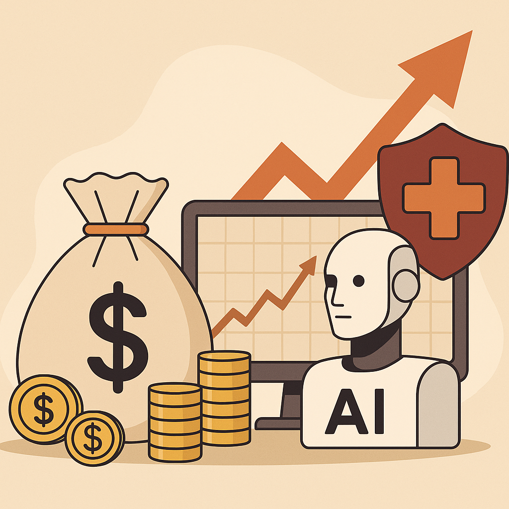Illustration of financial symbols, an AI robot, a rising graph, and a medical shield representing the intersection of artificial intelligence and healthcare investment.