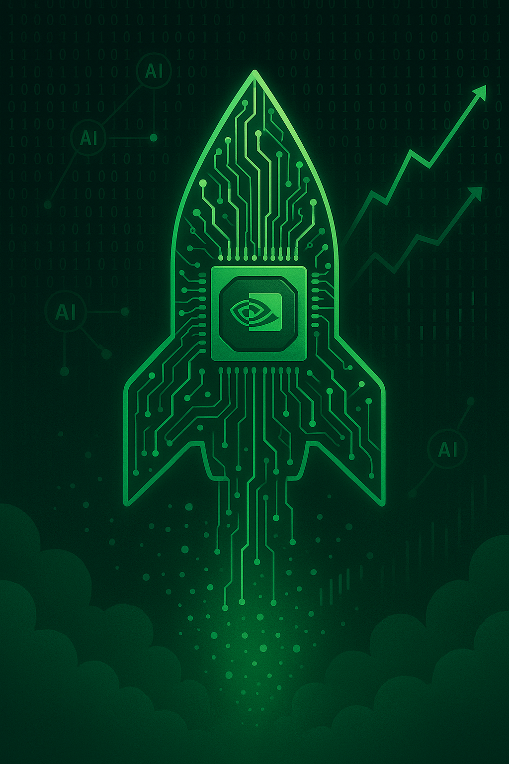 A digital illustration of a green rocket made from circuit board patterns, symbolizing Nvidia’s GPU, launching upward through a dark digital background with binary code, AI nodes, and ascending stock chart lines.
