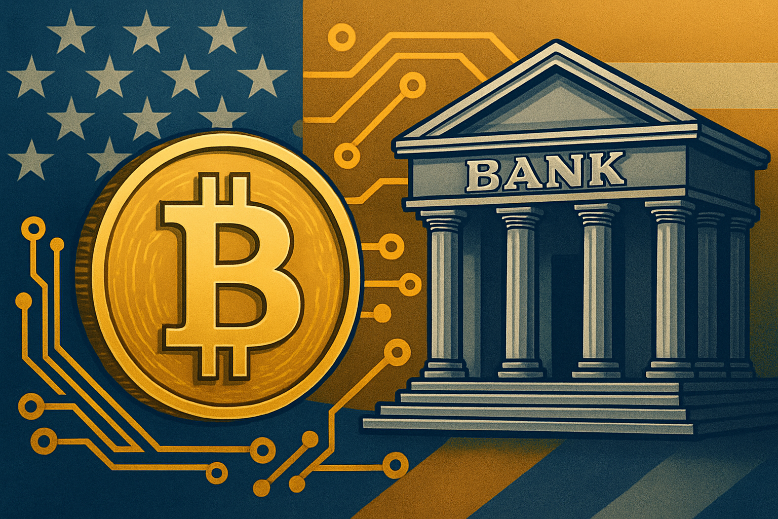An illustration of a golden Bitcoin connected to a traditional U.S. bank building via digital circuit lines, with an American flag backdrop.