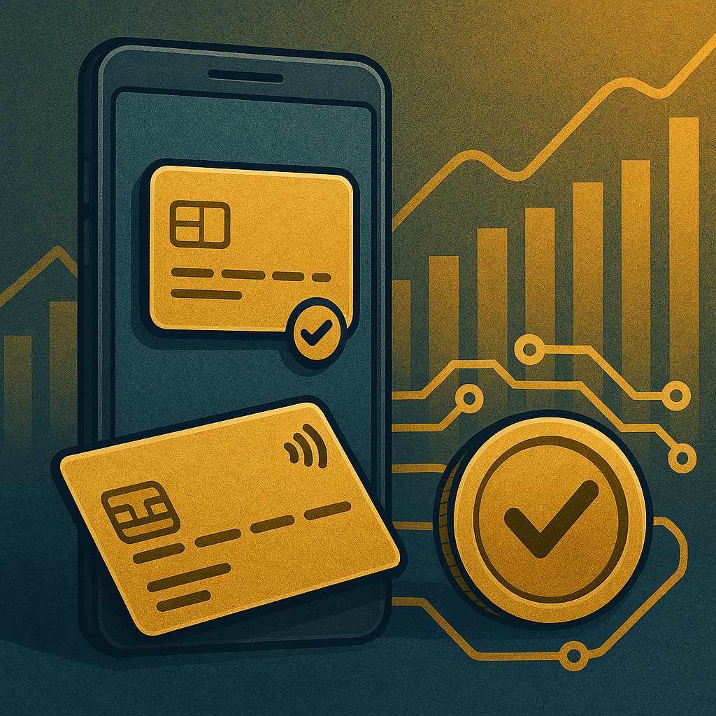 Illustration of a smartphone with digital credit cards and financial icons representing secure mobile payments and fintech growth.