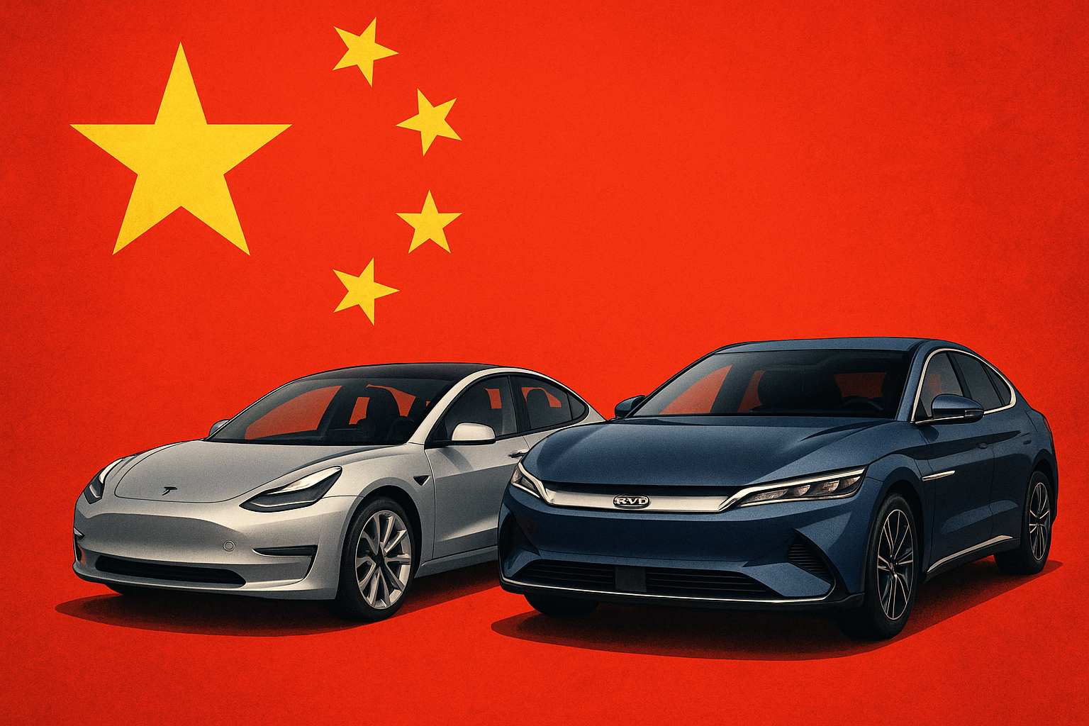 Illustration of a silver Tesla and a blue BYD electric car set against the backdrop of the Chinese flag.