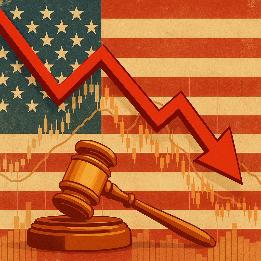 Illustration of a downward red arrow over a U.S. flag with a gavel and fluctuating financial chart