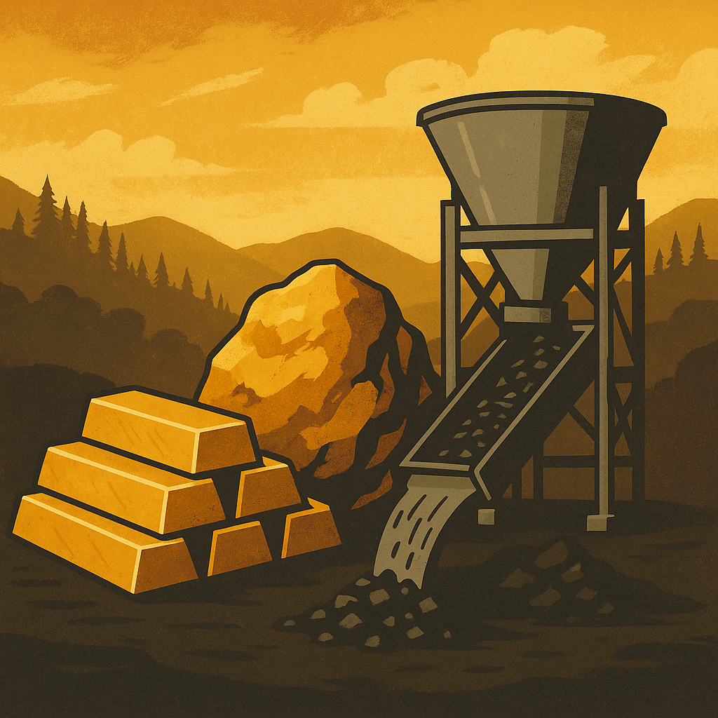 An illustrated scene showing gold bars, raw gold ore, and a gravity separation machine in a mountainous mining area.