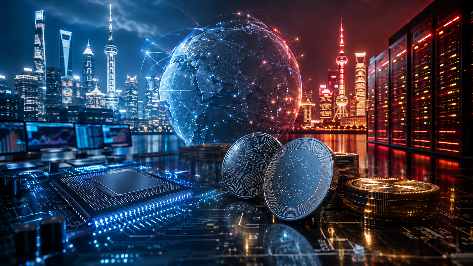 Semiconductor chip, digital tokens, server racks and a glowing global network over competing blue and red city skylines.