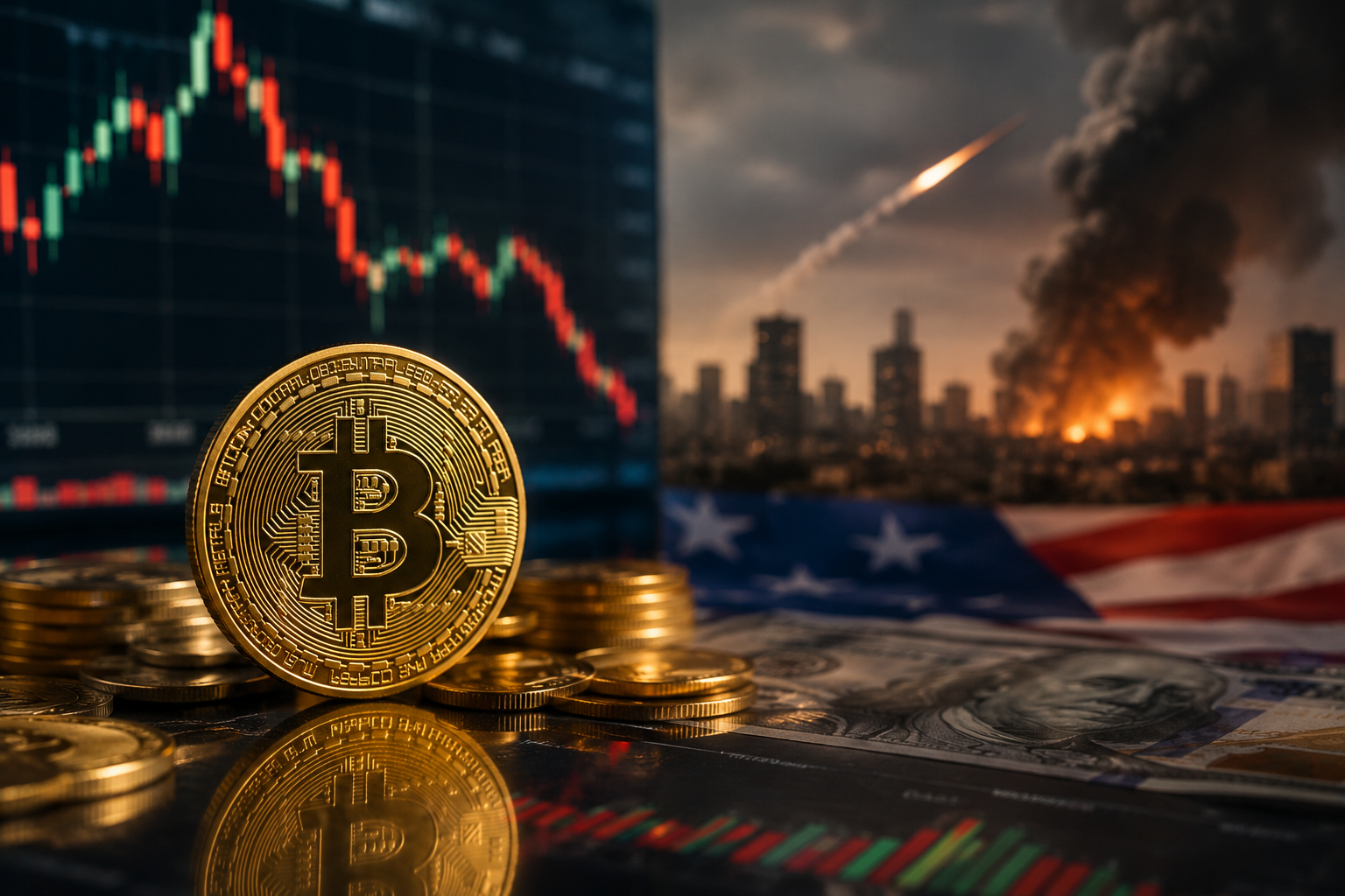 Gold Bitcoin coin and stacked coins in front of a falling market chart, with a smoky conflict scene and U.S. flag in the background.