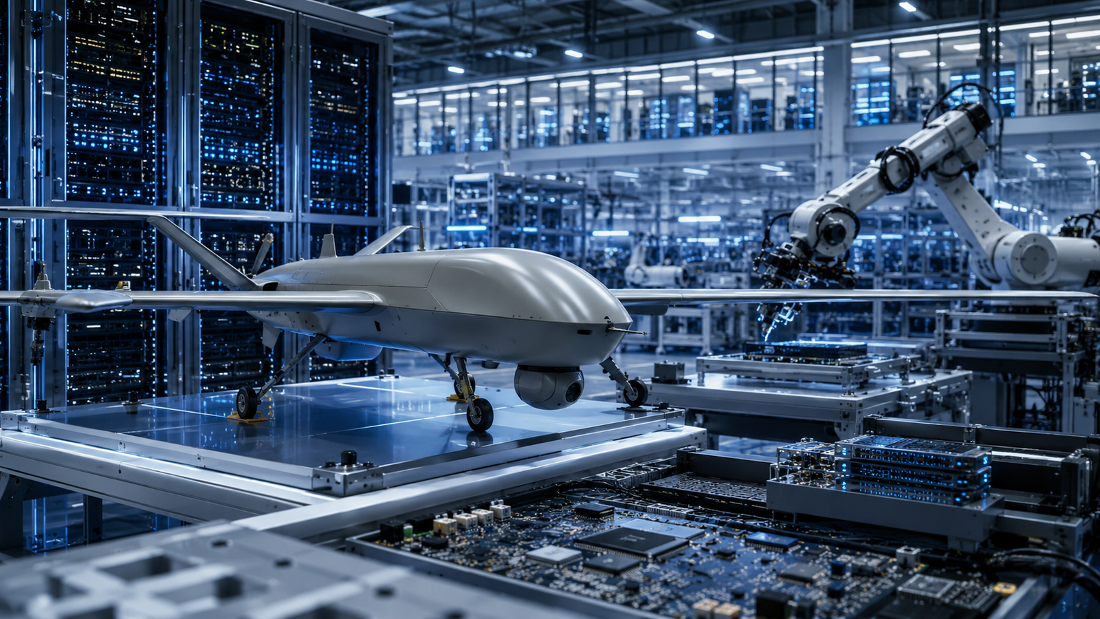 Advanced drone on an automated factory line surrounded by robotic arms, semiconductor components and glowing data-center servers.