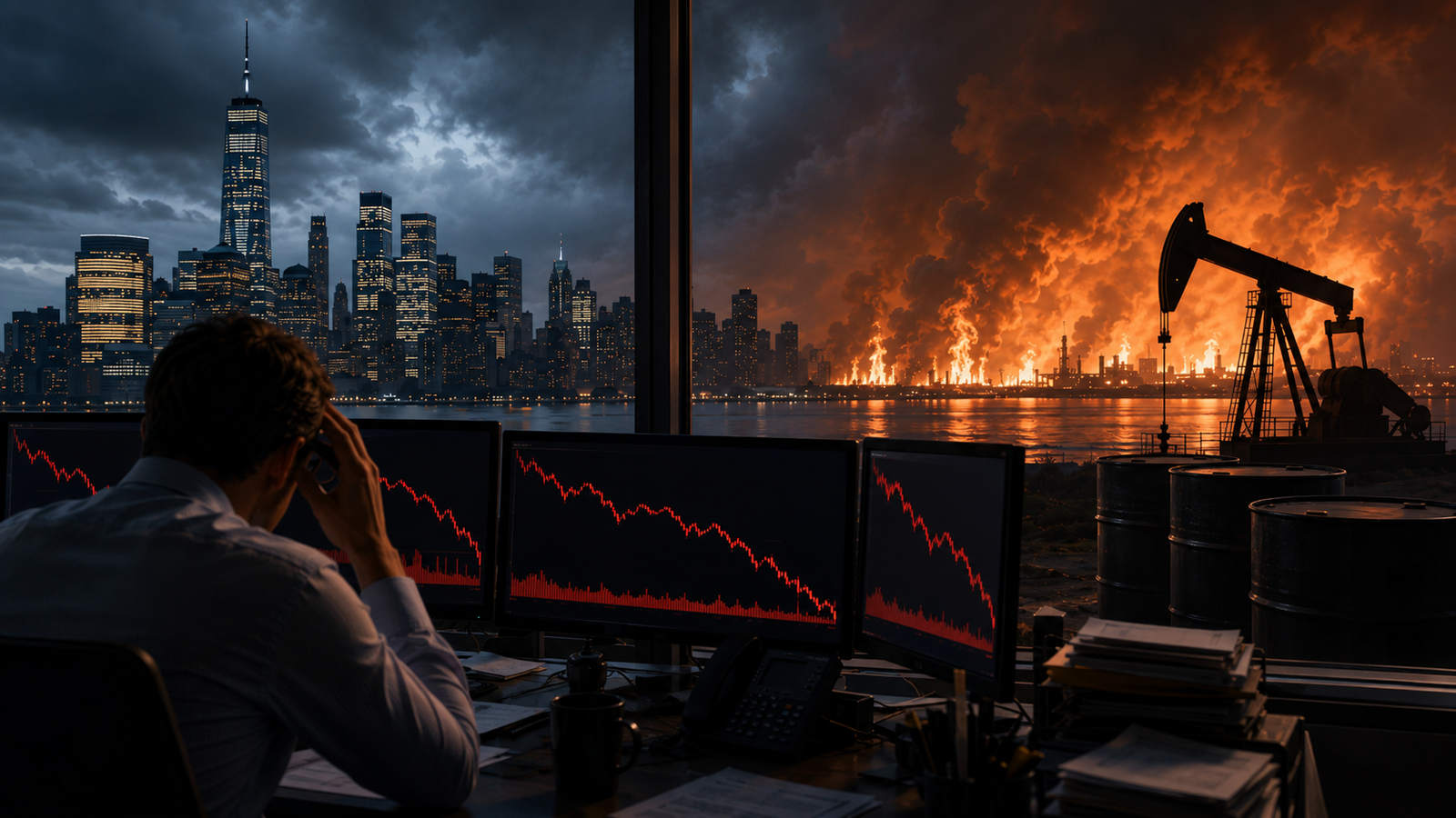Stressed trader watching red falling market charts as a stormy city skyline, oil pumpjack and burning refinery symbolize inflation and geopolitical pressure.