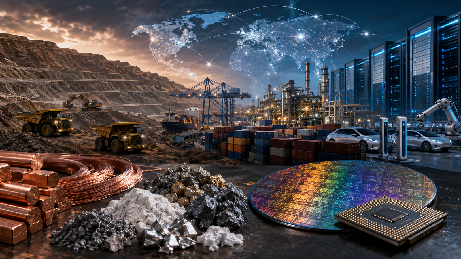 Copper coils, rare earth minerals, semiconductor wafer and AI data-center servers beside a mine, shipping port and electric vehicles.