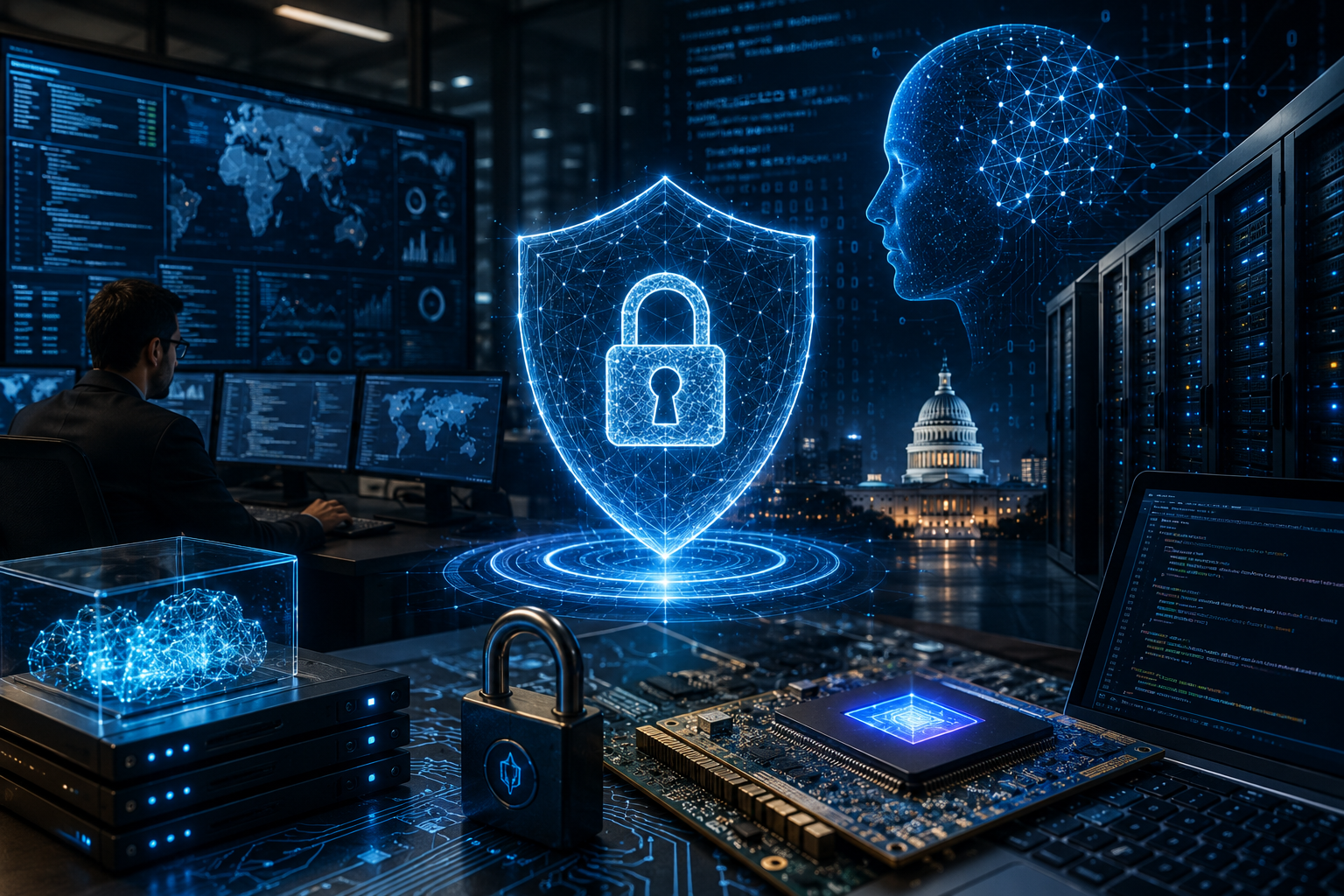 Cybersecurity operations center with glowing digital shield, AI profile, server racks, circuit boards and government building in the background.
