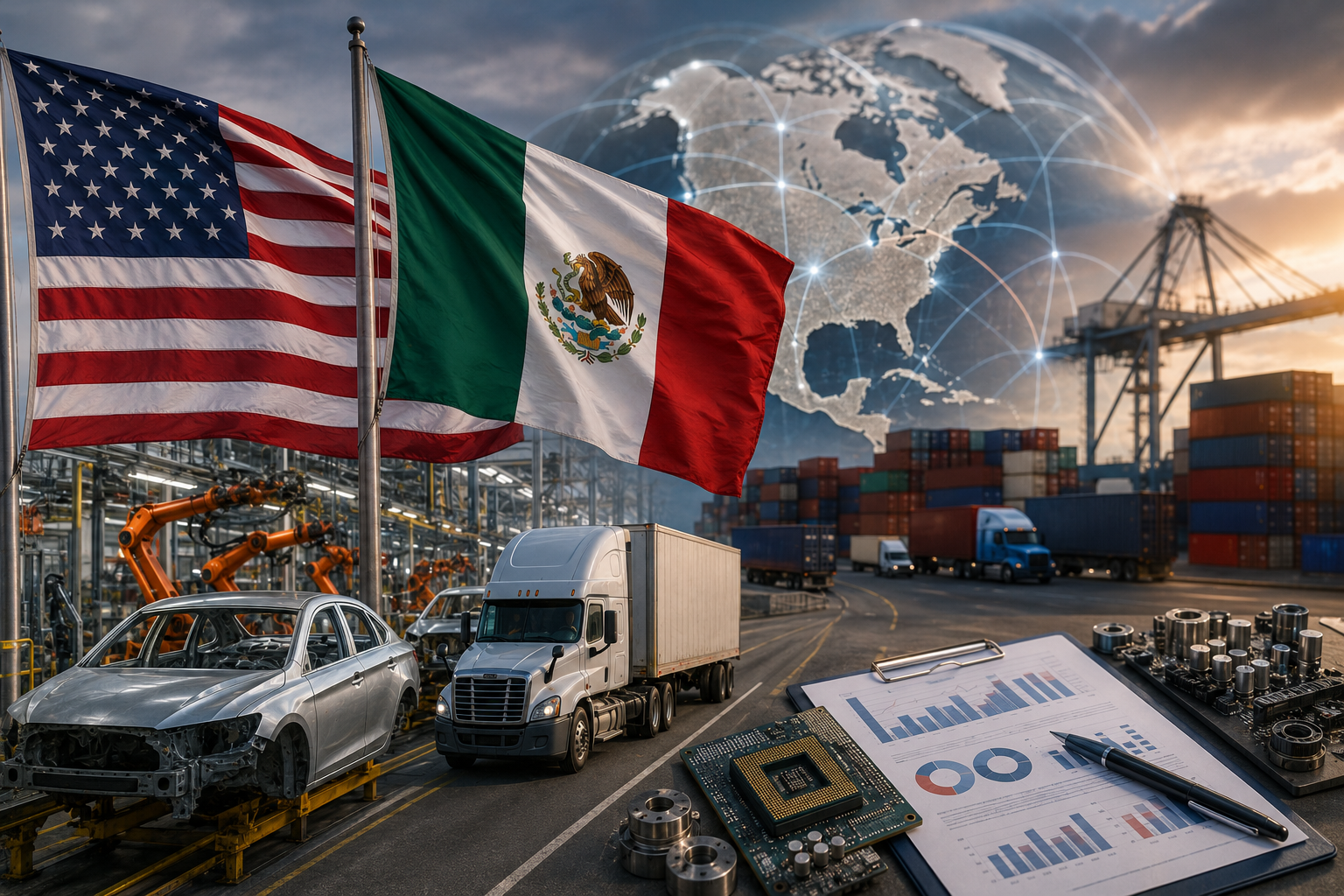 U.S. and Mexican flags beside an auto factory, freight truck, shipping containers, industrial parts and semiconductor components.