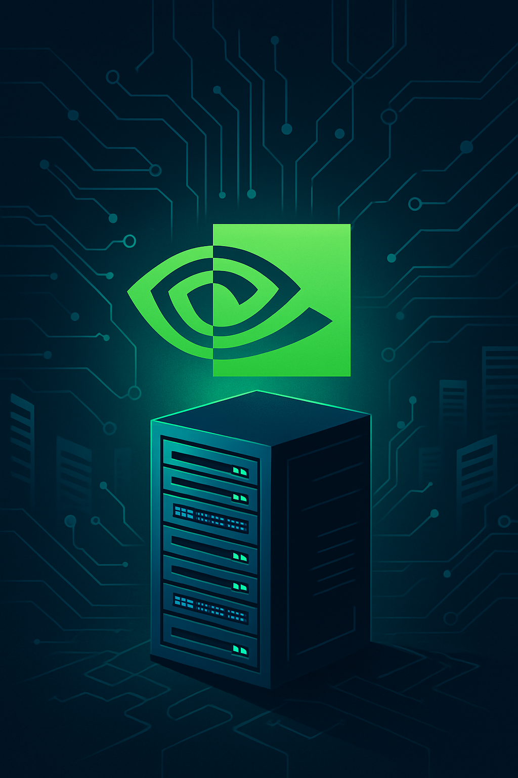 Illustration of a glowing Nvidia logo above a high-tech AI server, set against a digital circuit board background