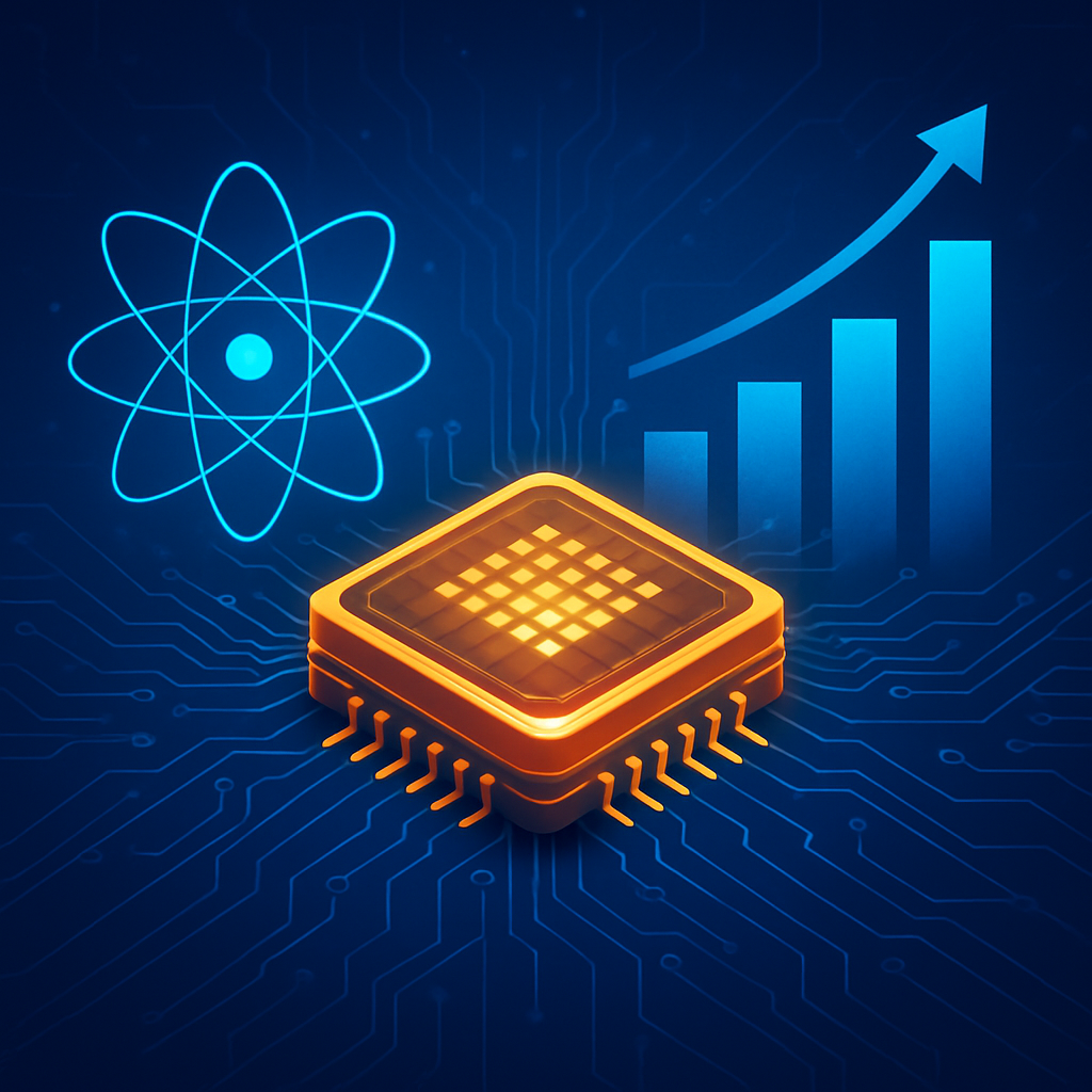 A glowing quantum microchip with circuitry, atomic structure, and rising bar chart symbolizing investment in quantum computing.
