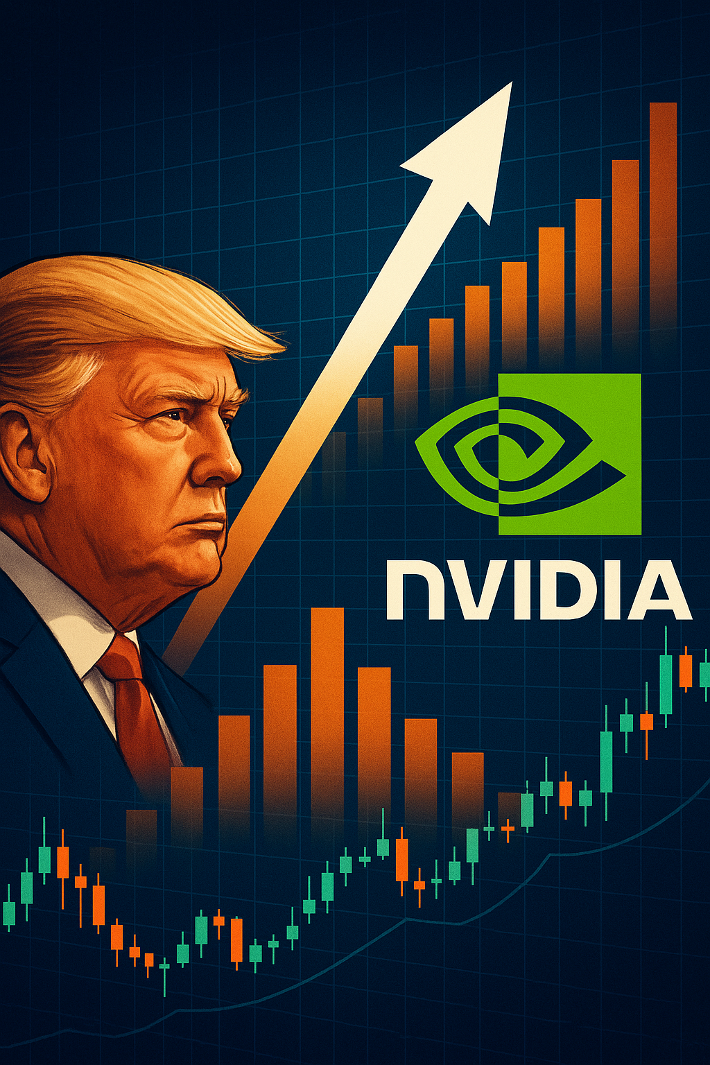 Digital illustration showing Donald Trump, an upward stock market arrow, the Nvidia logo, and candlestick charts, symbolizing market growth and political influence.