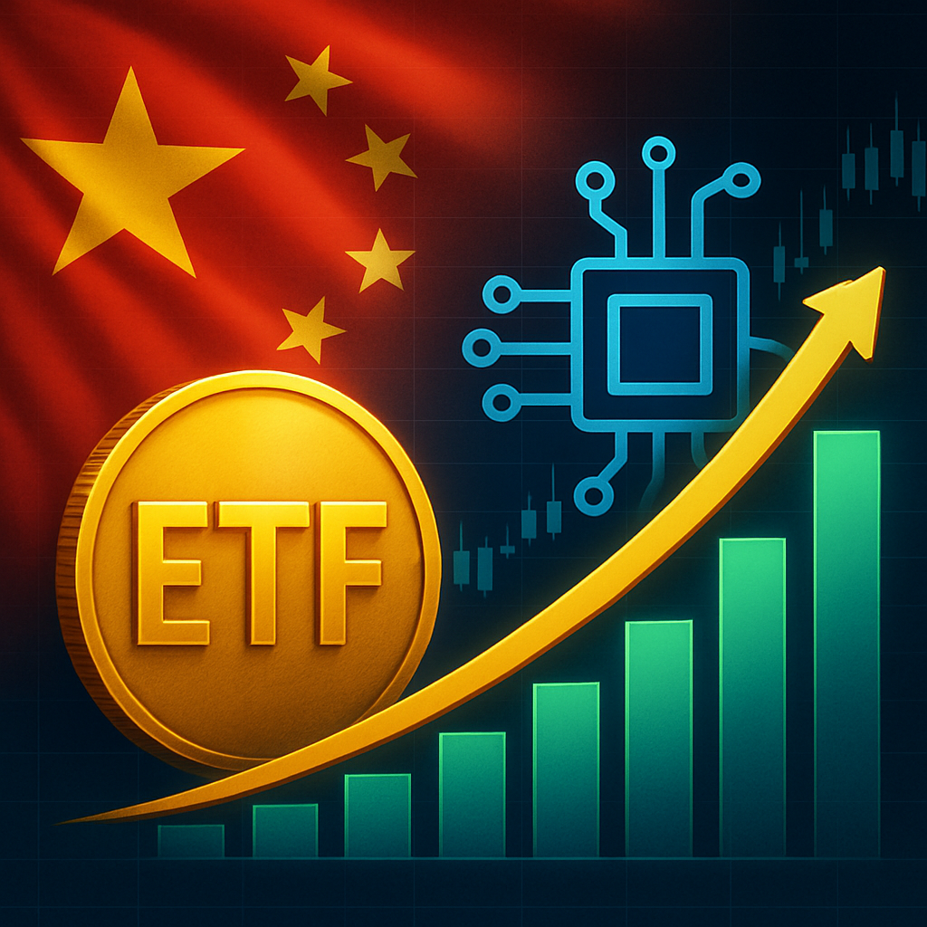 Digital illustration of China's tech growth with glowing circuit patterns, stock charts, and Chinese architectural elements