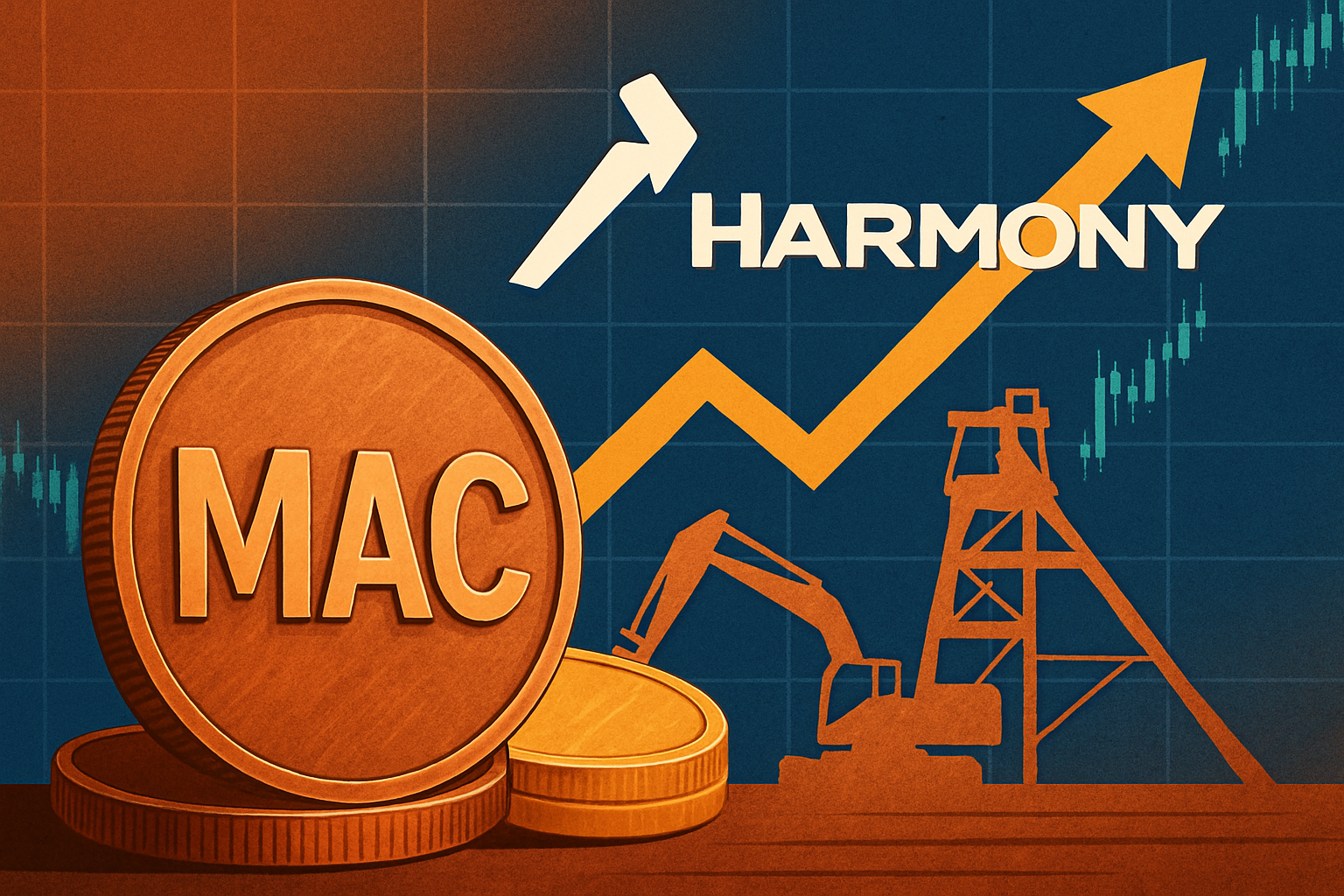 A digital illustration showing copper and gold bars with abstract financial graphs and mining elements, symbolizing a merger or acquisition in the mining industry.