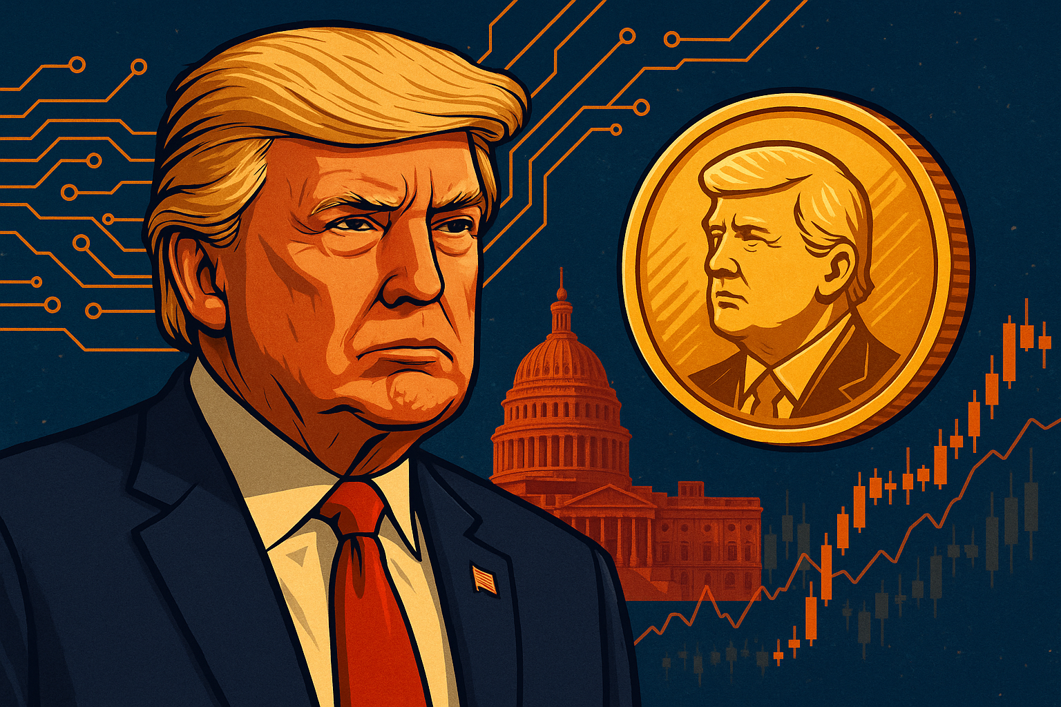 A symbolic digital illustration showing a stylized former U.S. President at a dinner table surrounded by golden crypto coins and shadowy political figures in a dramatic, dimly lit setting.