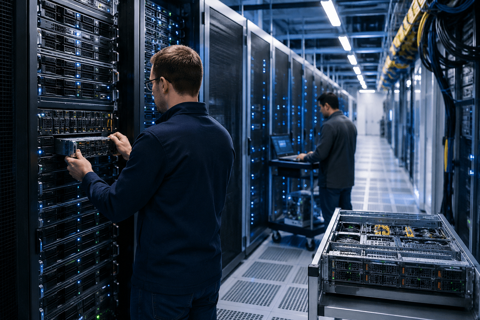 Technicians work on high-density server racks inside a modern data center with blue indicator lights and advanced computing equipment.