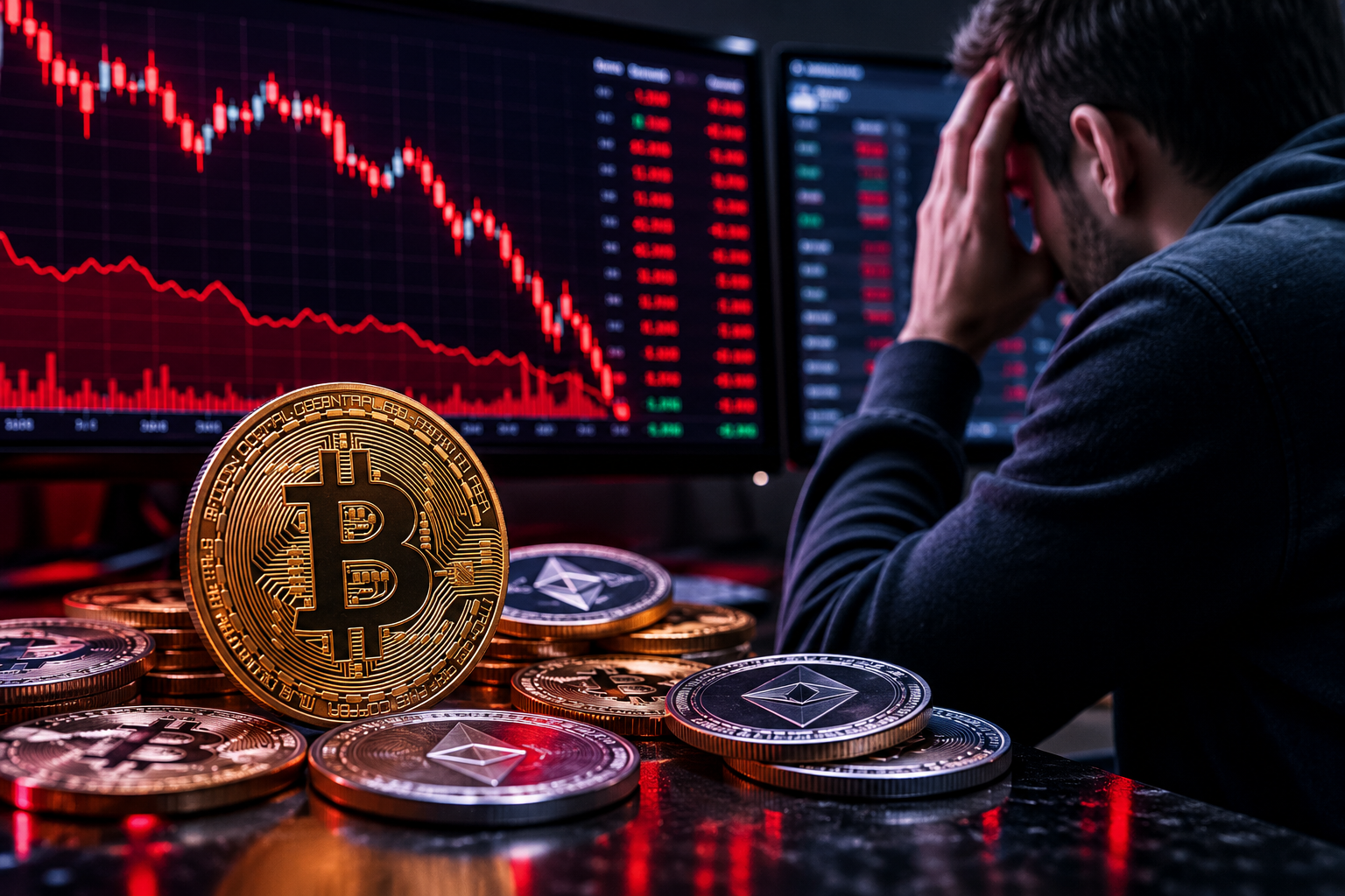 A gold Bitcoin coin sits in front of red declining market charts while a stressed trader watches screens in the background.