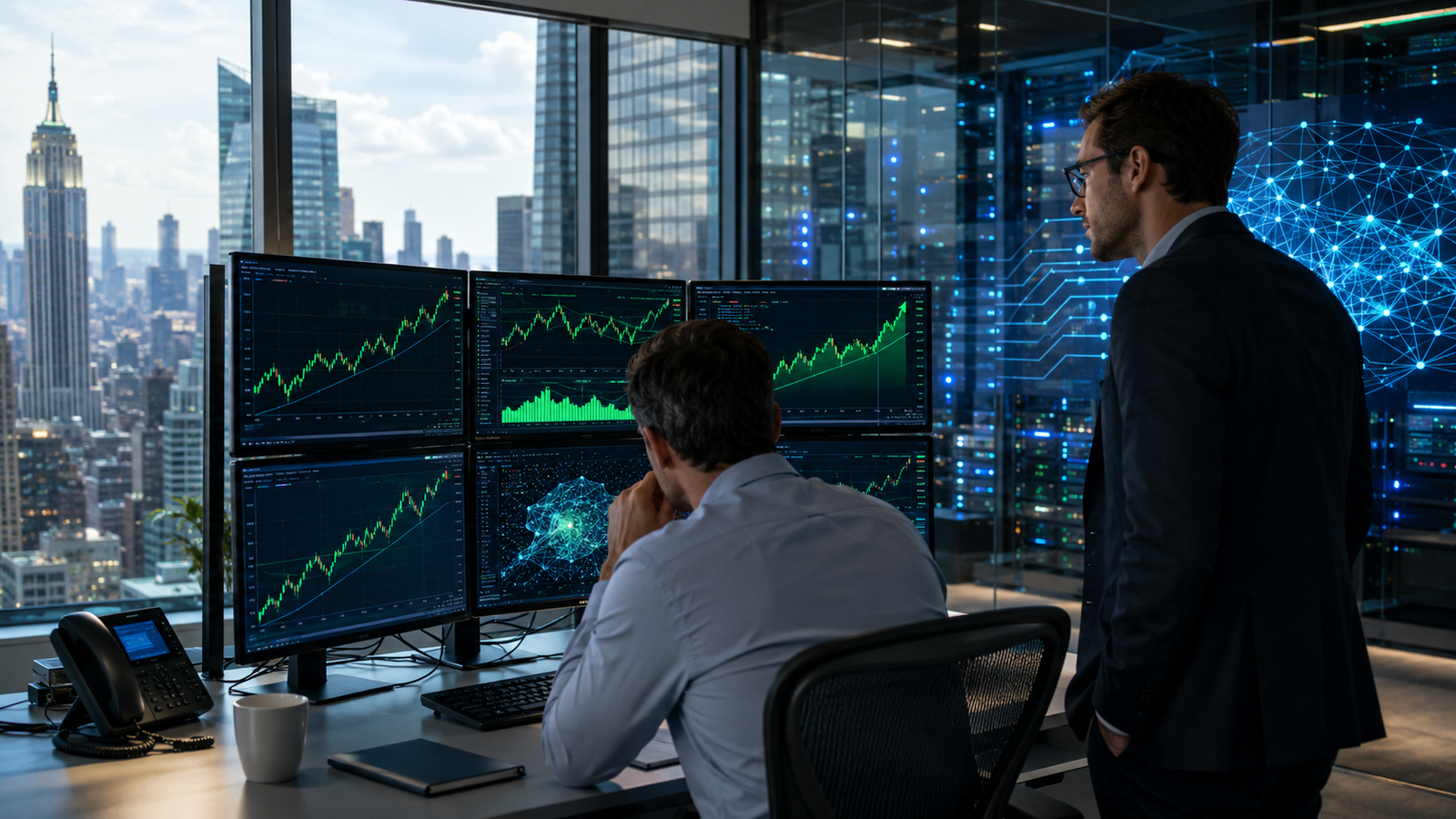 Financial analysts watch rising green market charts in a modern trading office overlooking New York, with glowing AI network imagery and data-center equipment in the background.