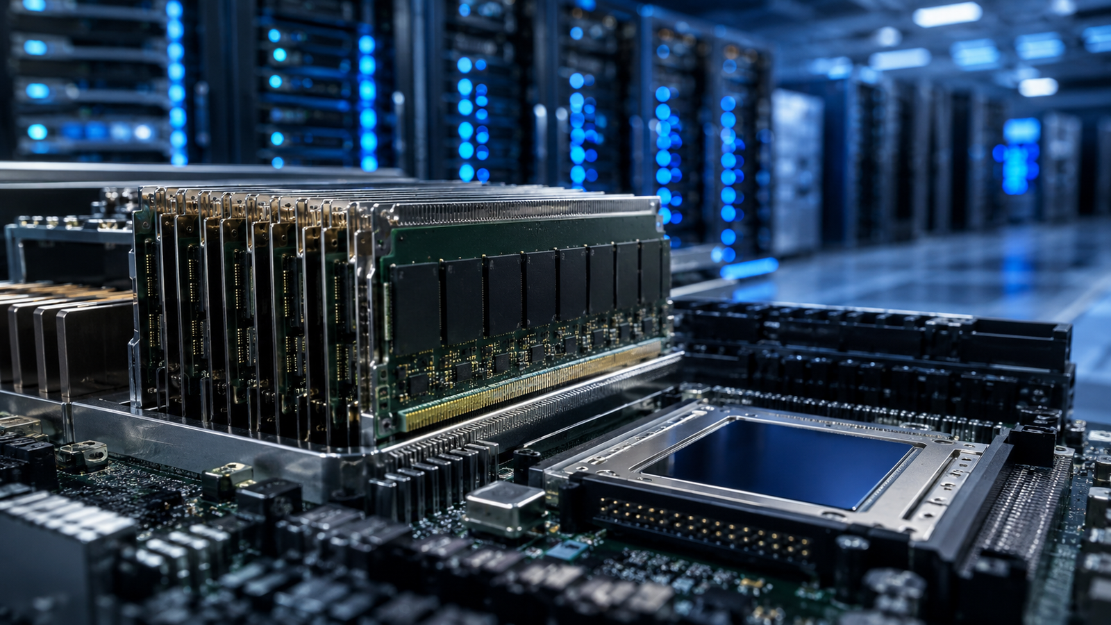 High-bandwidth memory modules and advanced semiconductor components sit on a circuit board inside a blue-lit data center.