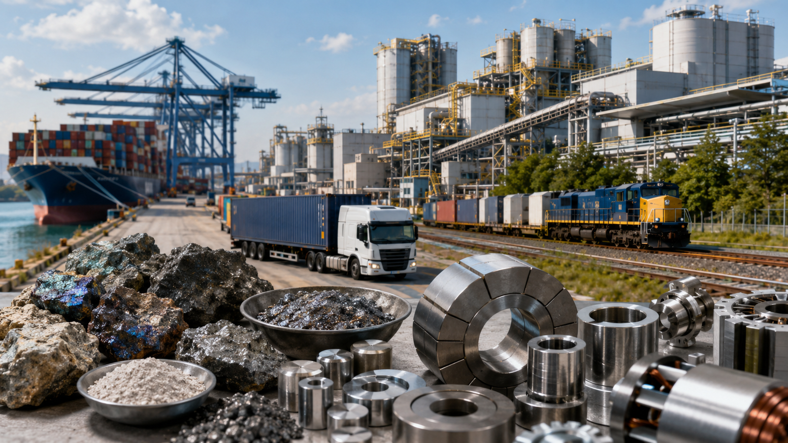 Raw rare earth minerals and polished industrial components sit in front of a port, cargo containers, rail lines and a mineral-processing facility.