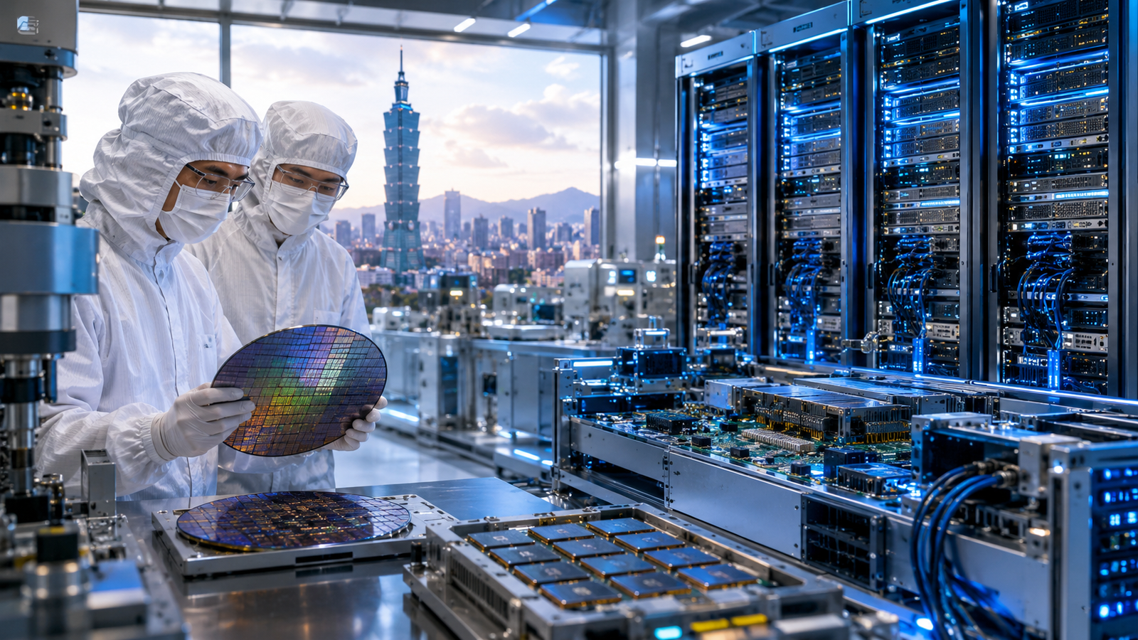 Semiconductor engineers inspect silicon wafers inside a cleanroom with AI server racks and the Taipei skyline in the background.
